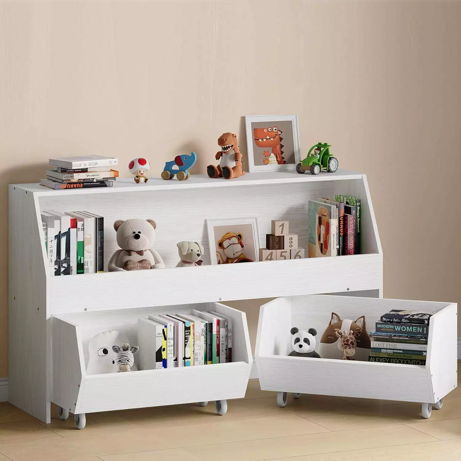 Toy Storage and Organizer Kids Moveable Trolly - White Bookcase and Storage Bin Nursery Playroom Bedroom