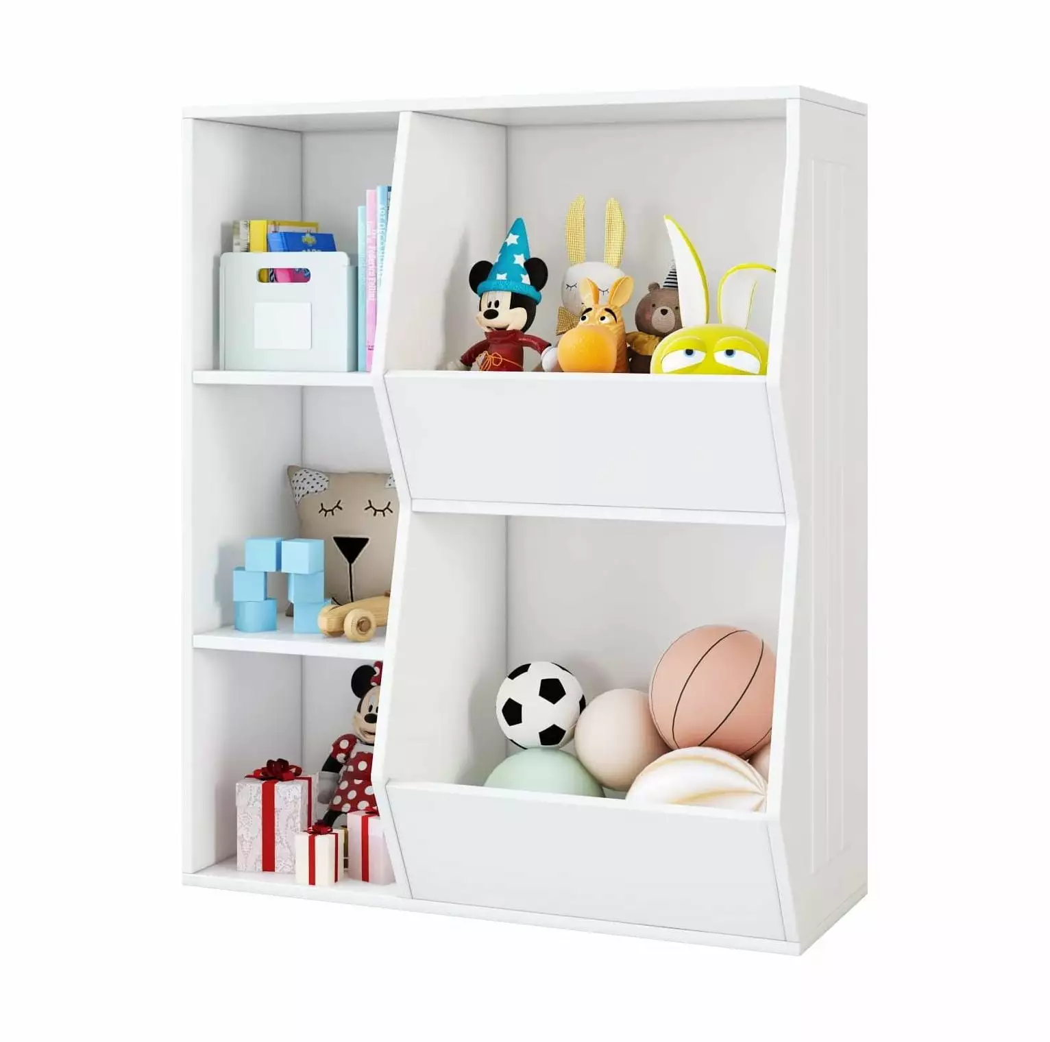 CintBllTer Open Multi-Bins Toy Storage Display Cabinet Kids Bookcase Bedroom Playroom Nursery White