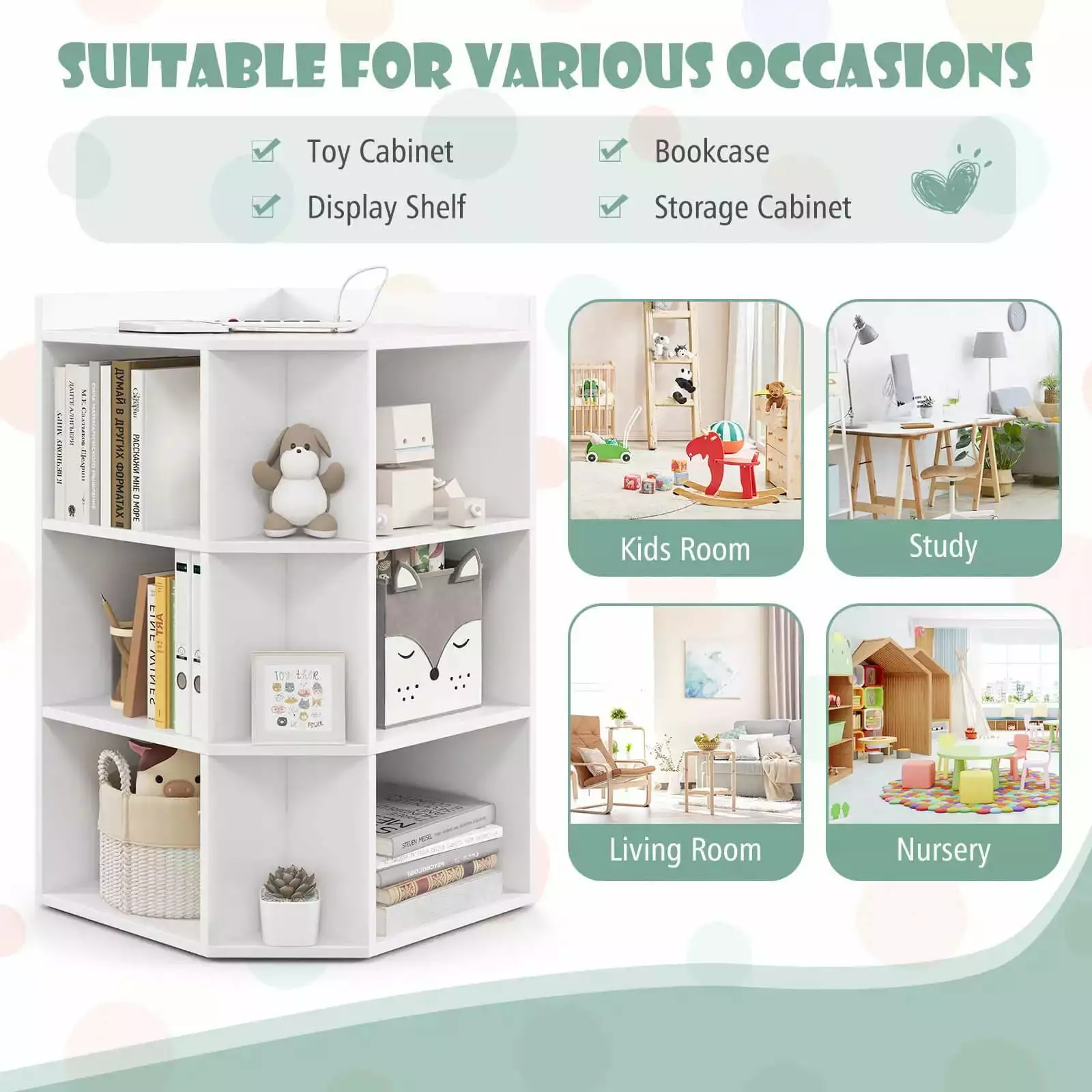 Laicejoy Corner Toy Storage Organizer 3-Tier Cabinet 9 Cubbies Toys Books Multifunctional Bookshelf Charging Station