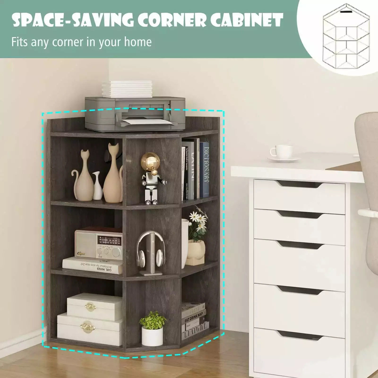 Laicejoy Corner Toy Storage Organizer 3-Tier Cabinet 9 Cubbies Toys Books Multifunctional Bookshelf Charging Station