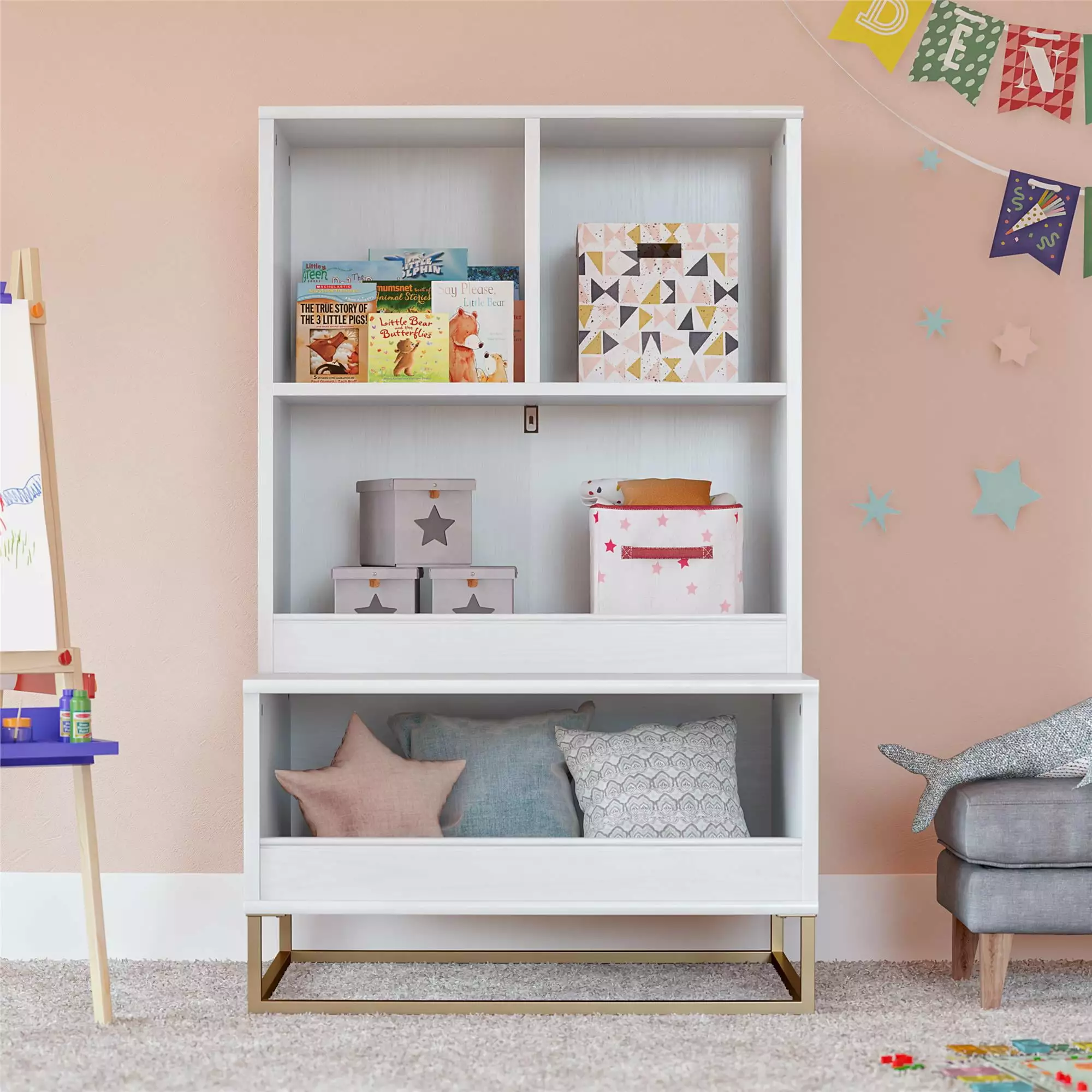 Little Seeds Charlie Kids Multi-Use Toy Storage Organizer & Bookcase White Golden Bronze