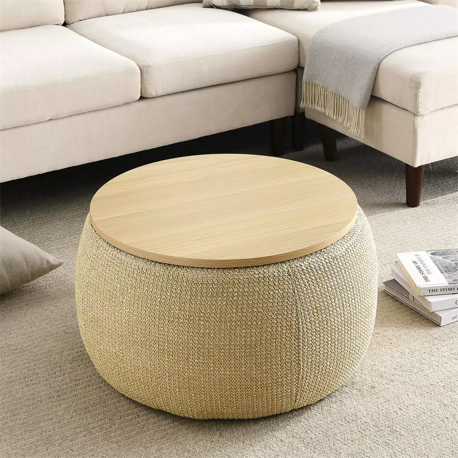 Round Storage Ottoman Wooden Lid and 2 1 Function as End Table or Ottoman Ottomans ARCTICSCORPION