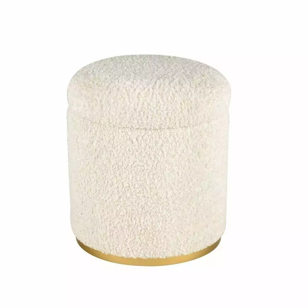 Modern Drum Shape Storage Ottoman Velvet Upholstery and Brass Metal Band Beige Ottomans Bailey Street