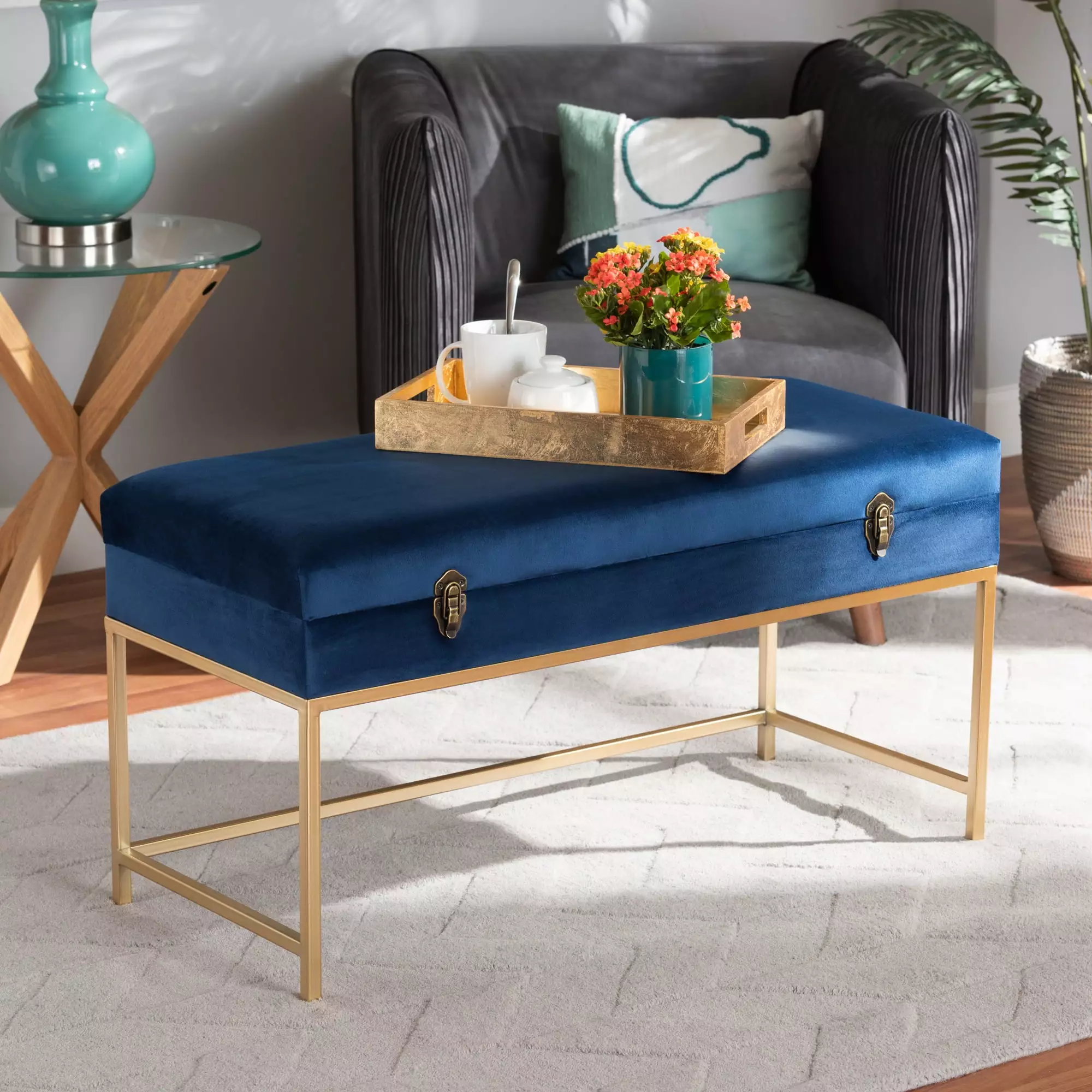 Baxton Studio Aliana Navy Blue Velvet Fabric Upholstered Gold Metal Large Storage Ottoman Ottomans