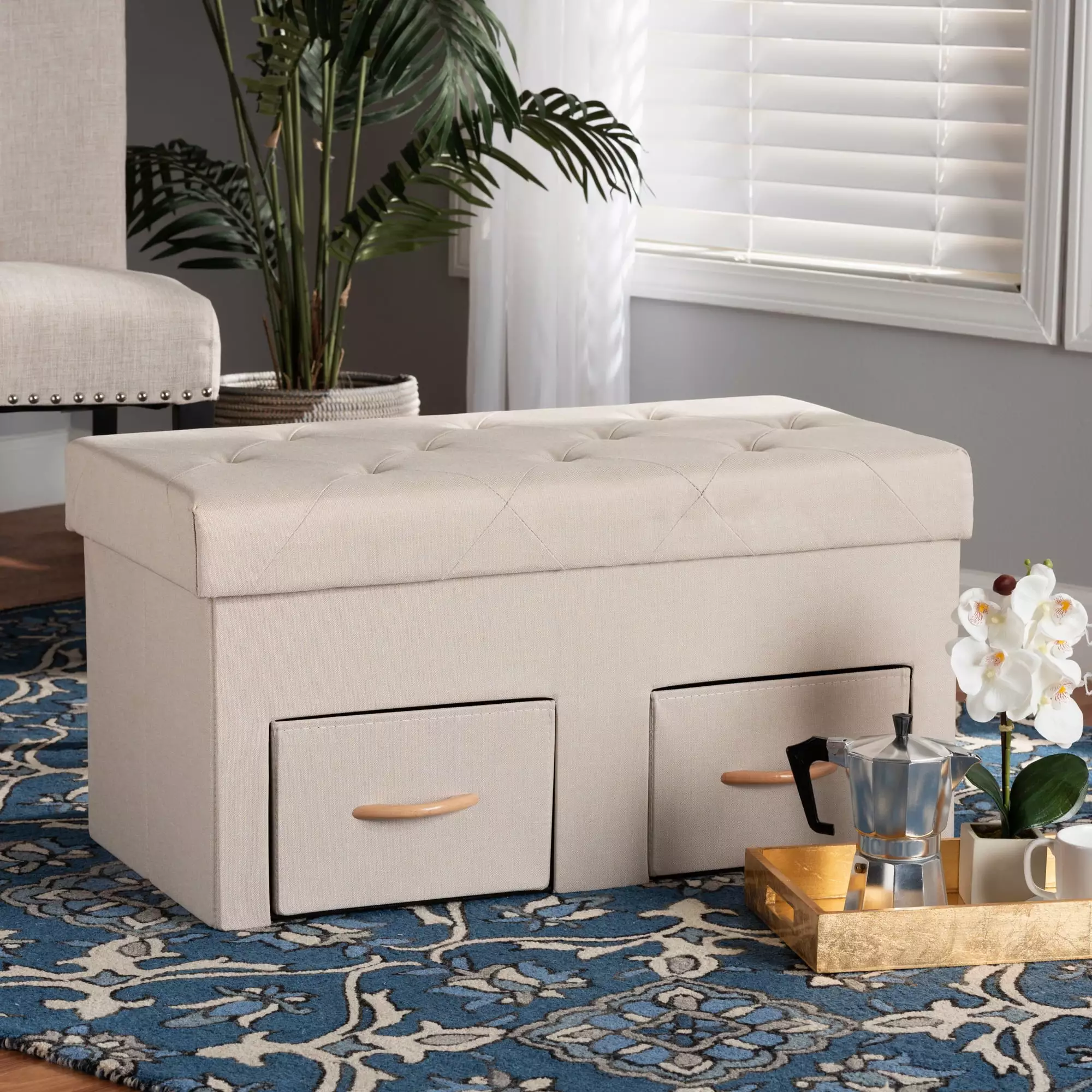 Baxton Studio Gerwin Modern Fabric Upholstered 2-Drawer Storage Ottoman Oak Wood Finish Ottomans