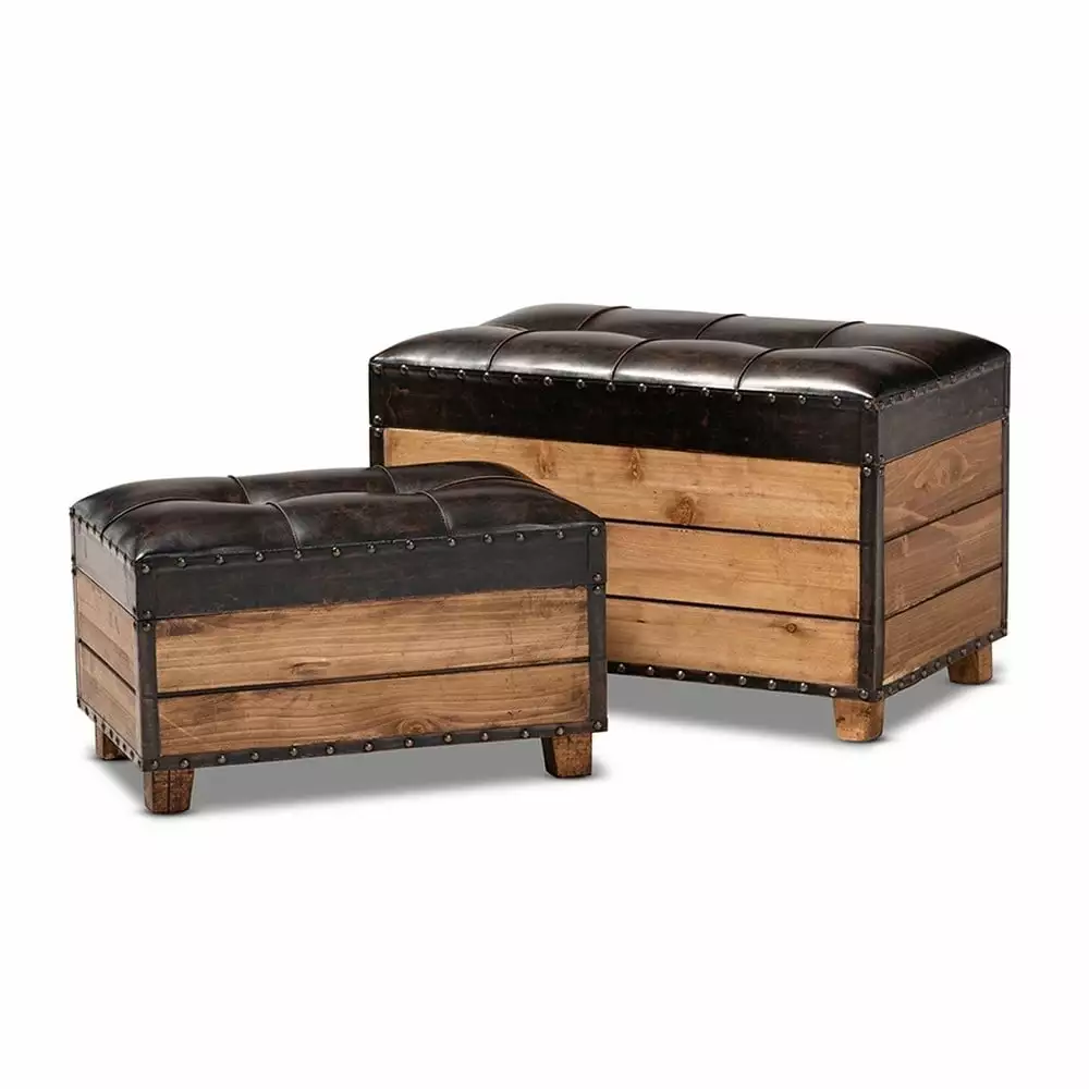 Baxton Studio Marelli Faux Leather and Wood Storage Ottoman Brown Set 2 Ottomans