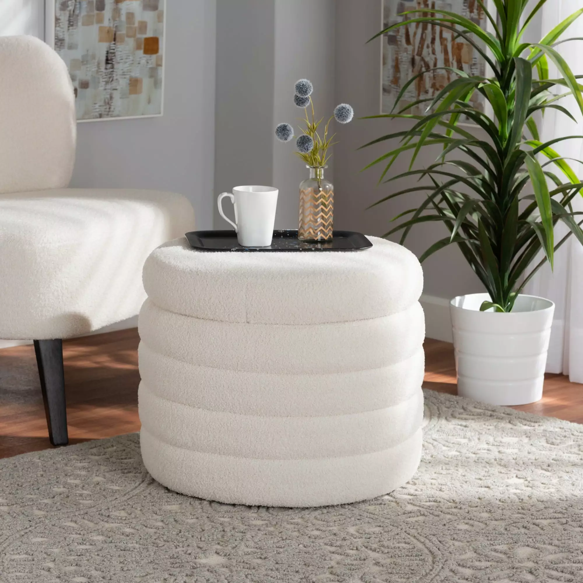 Baxton Studio Tabitha Modern Ivory Boucle Upholstered Storage Ottoman Living Room Ottomans