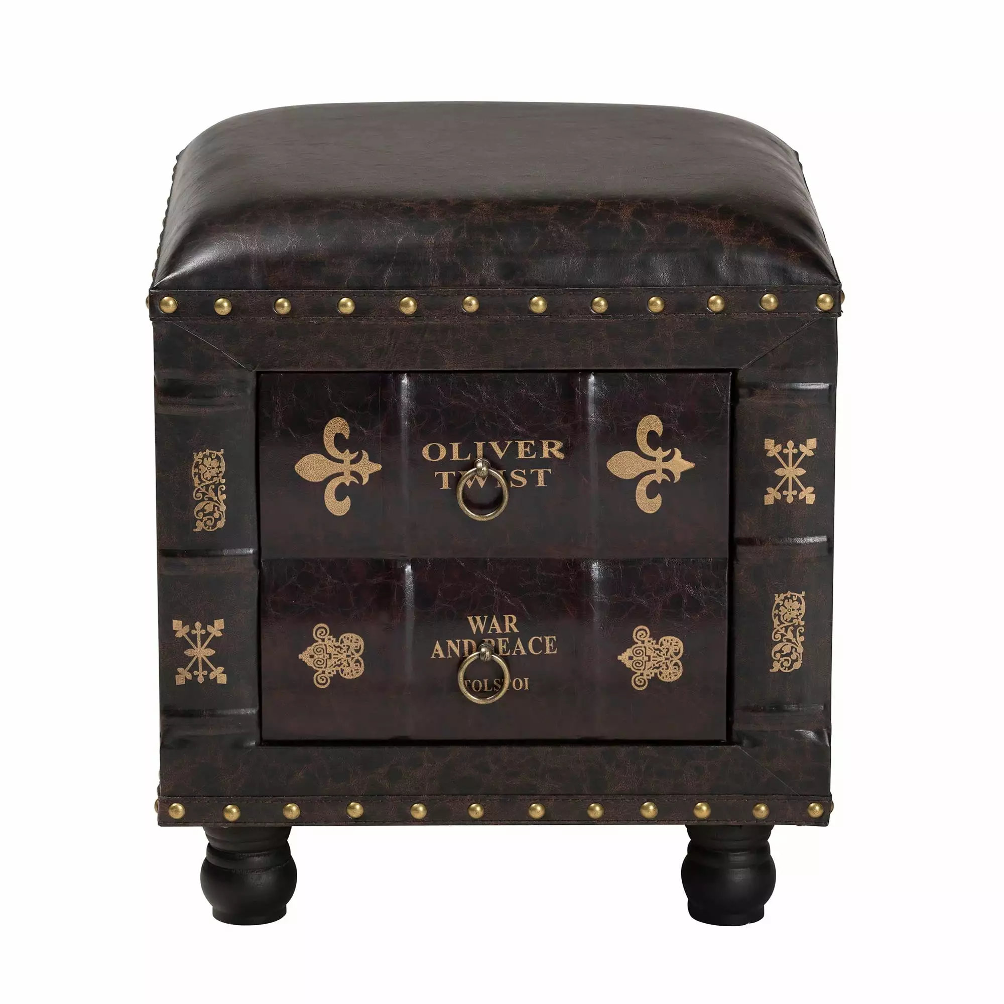 Charlier Rustic Antique Inspired Faux Leather Upholstered Wood Storage Ottoman Book Spine Drawer Ottomans Baxton Studio