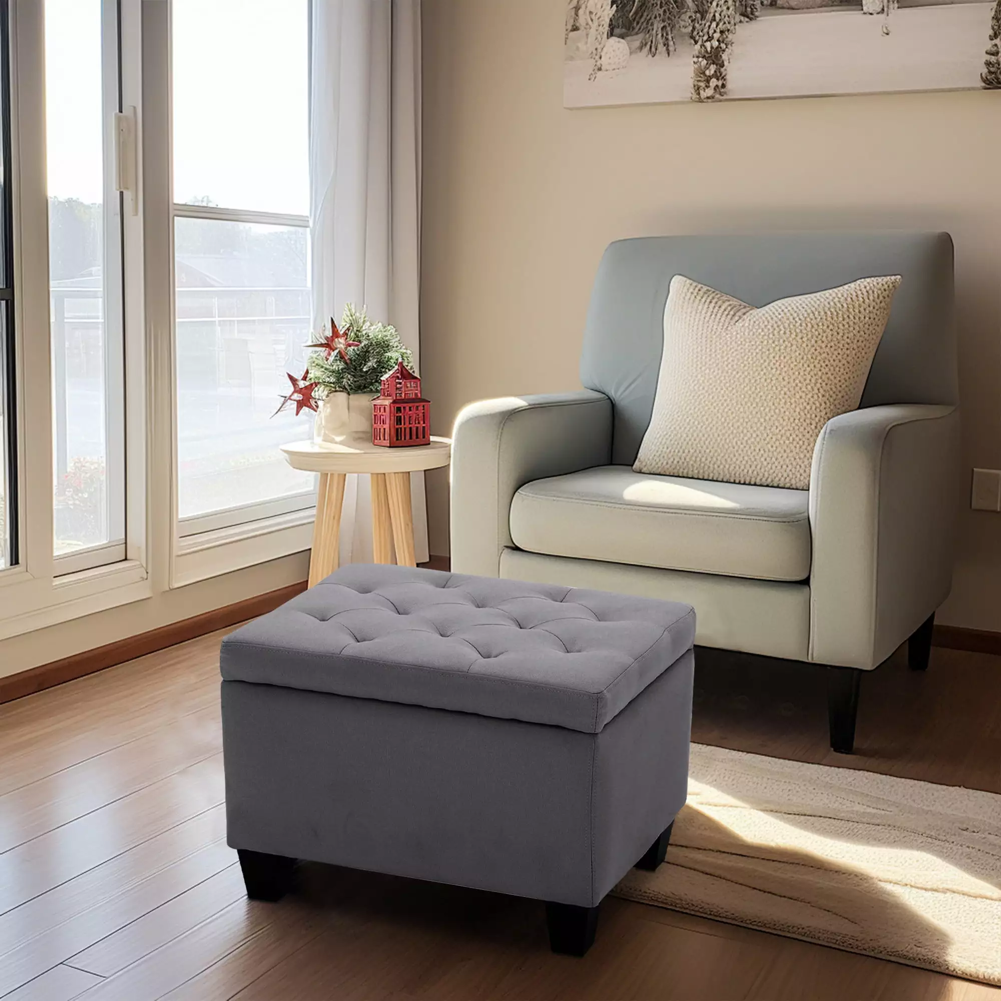 BELLEZE Modern Tufted Storage Ottoman Lift Top Rectangle Footstool Gray Linen Ottomans