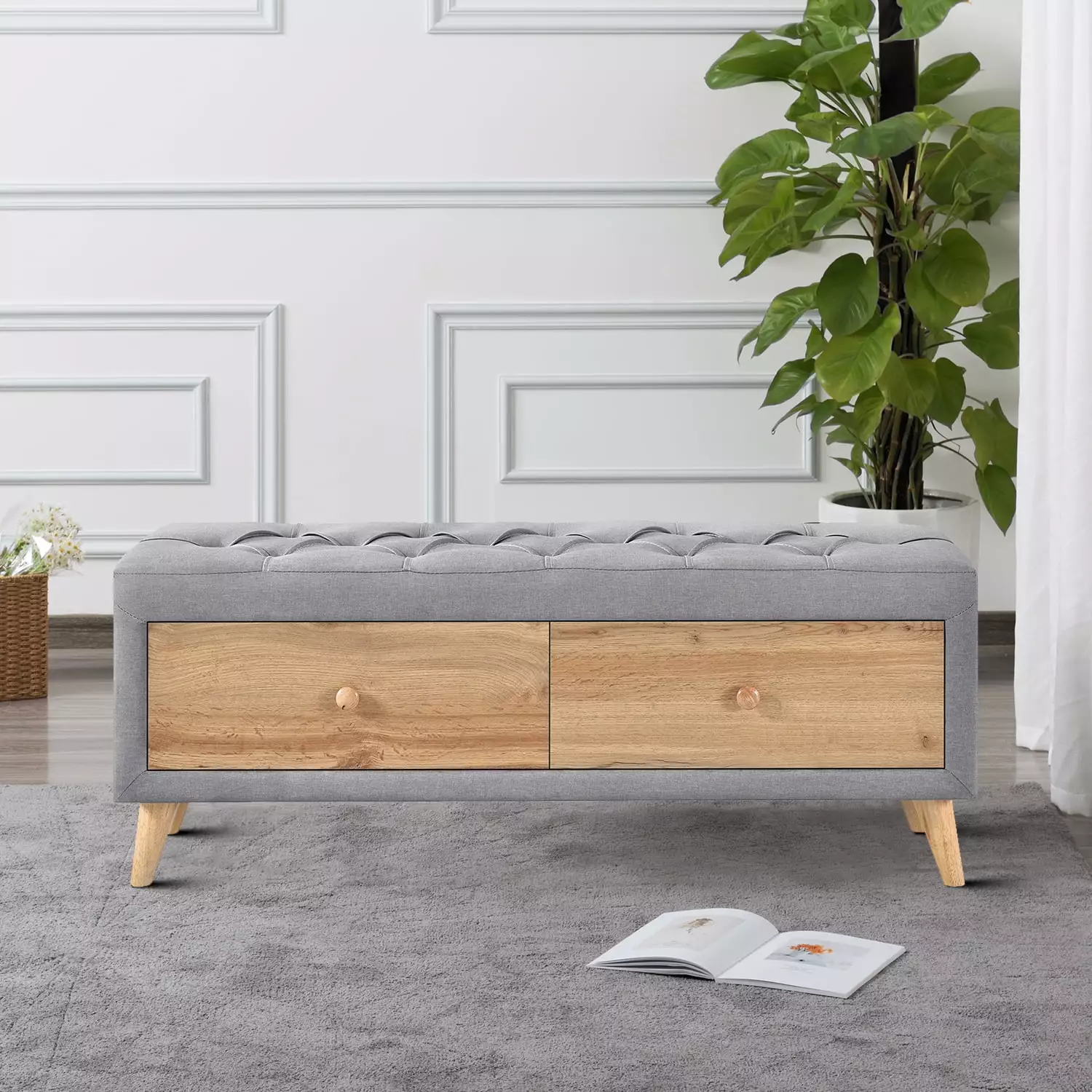 Upholstered Wooden Storage Ottoman 2 Drawers and Linen Fabric Bedroom Ottomans CADIOR