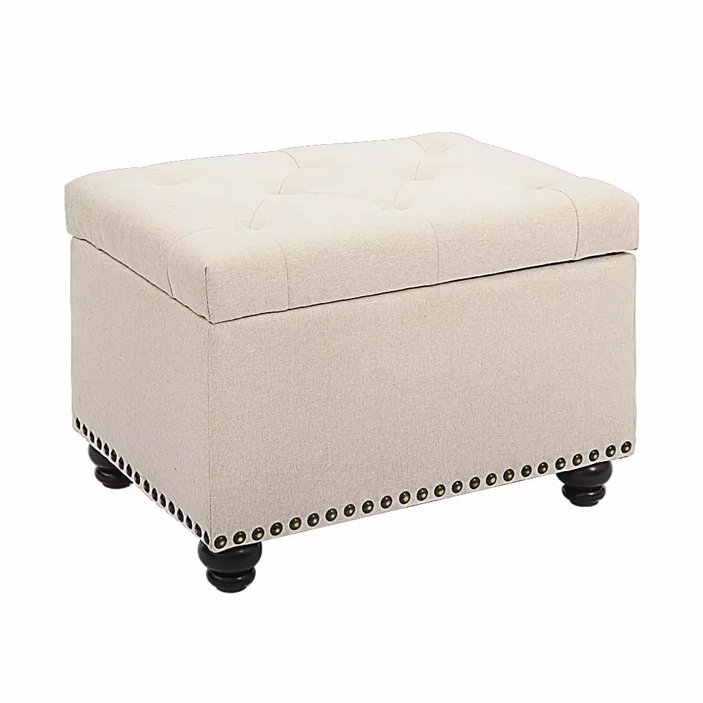 CangLong 24 Inch Tufted Linen Storage Ottoman Bench Lift Top Ottomans