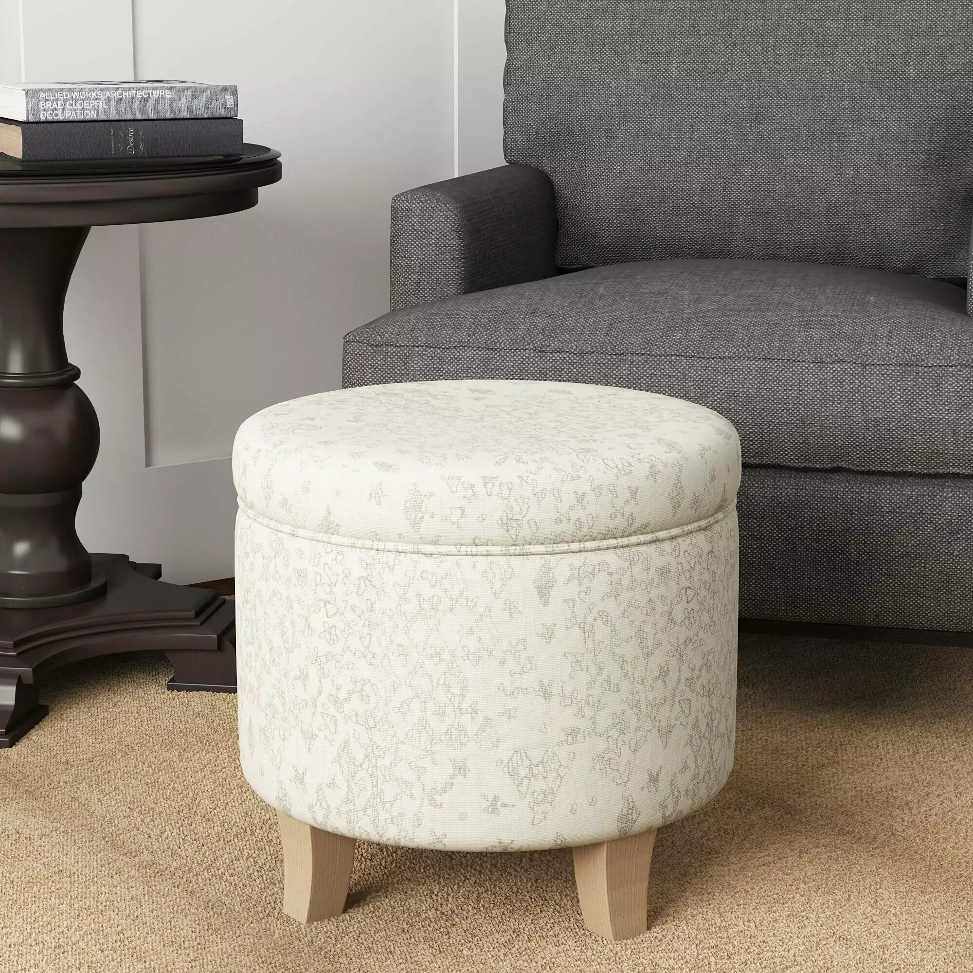 Carson Carrington Harv Round Storage Ottoman Flared Wood Leg Grey and Natural Ottomans