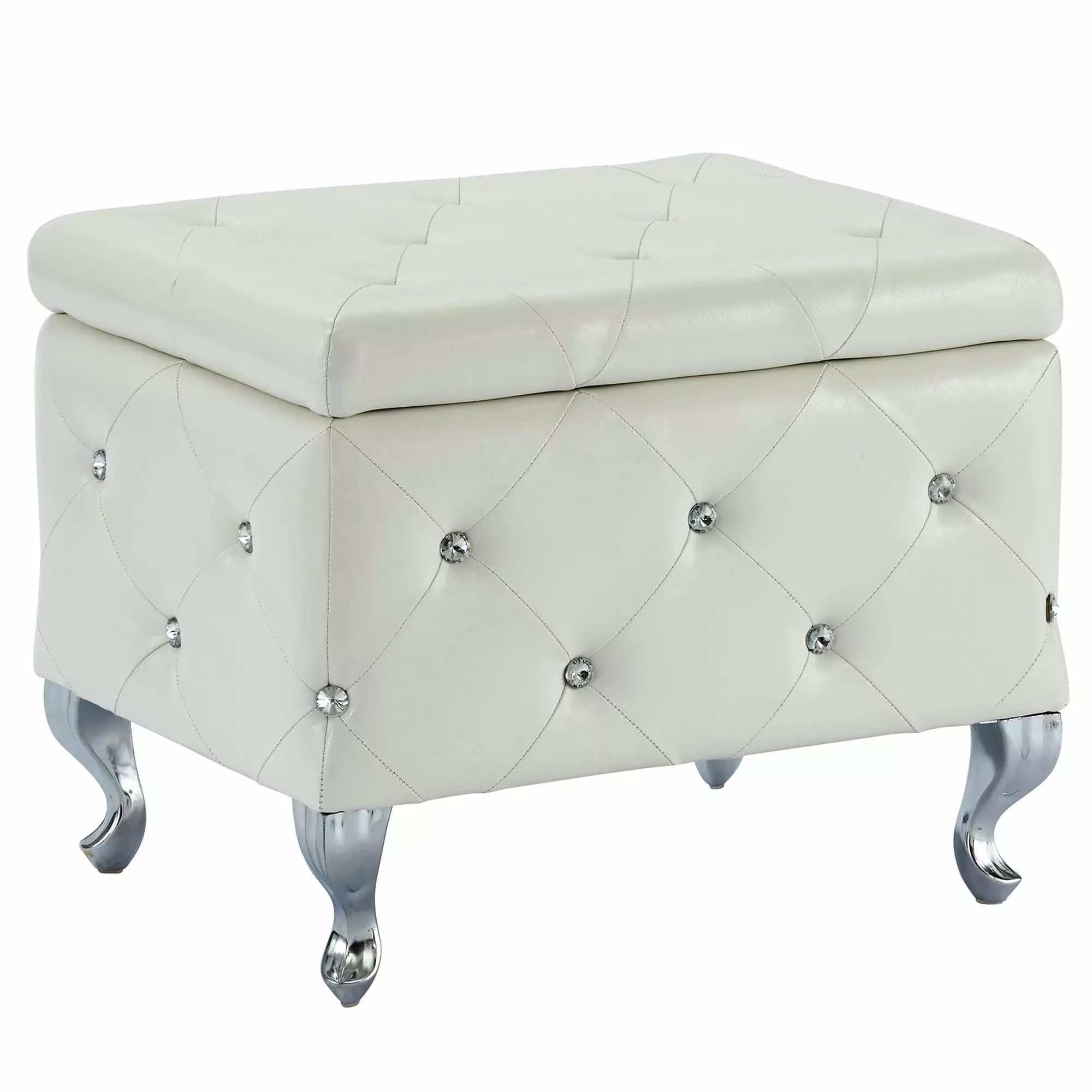 Contemporary Home Living 21.25 Inch White and Silver Square Storage Ottoman Living Room Ottomans