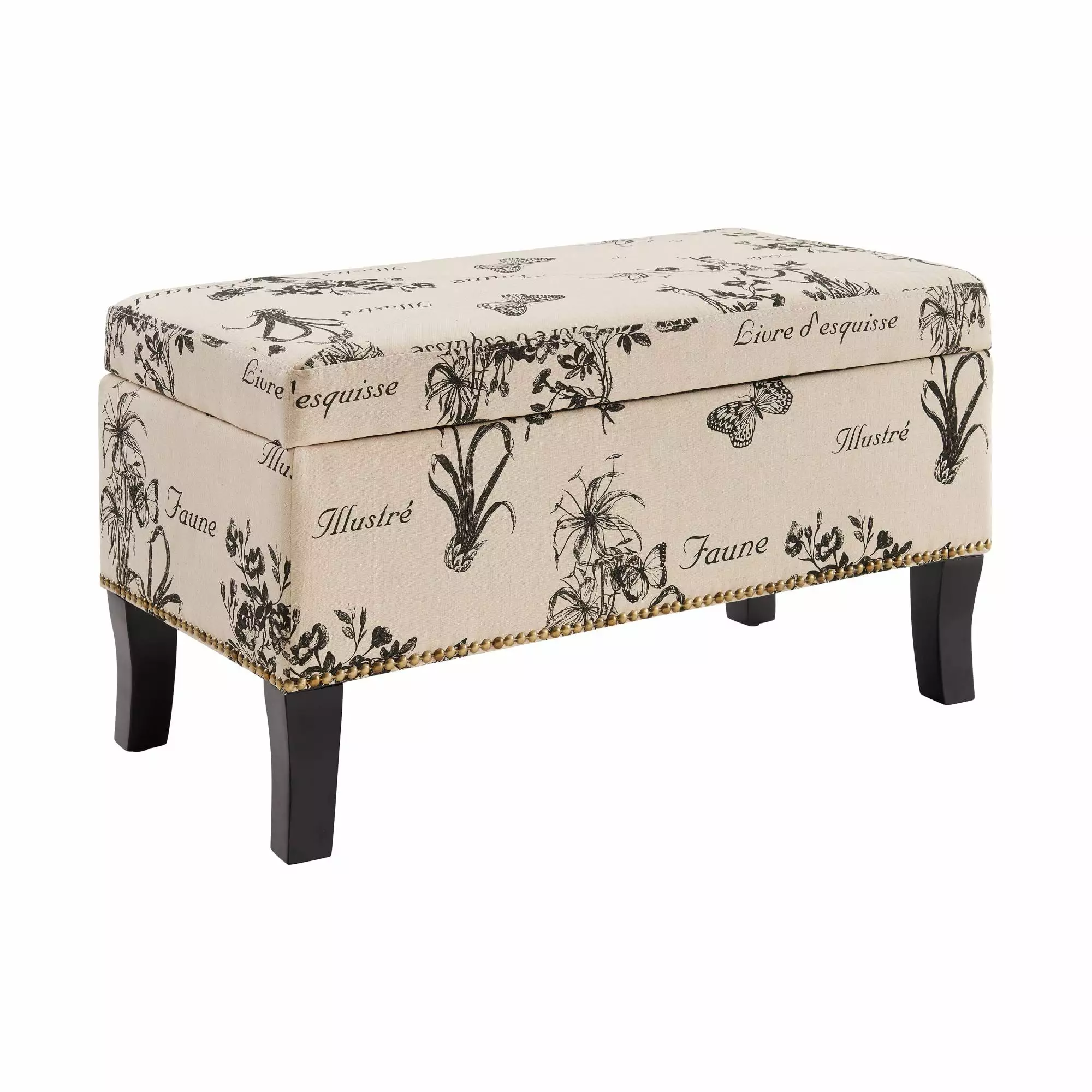 Contemporary Home Living 32 Inch Black Botanical Storage Ottoman Living Room Ottomans