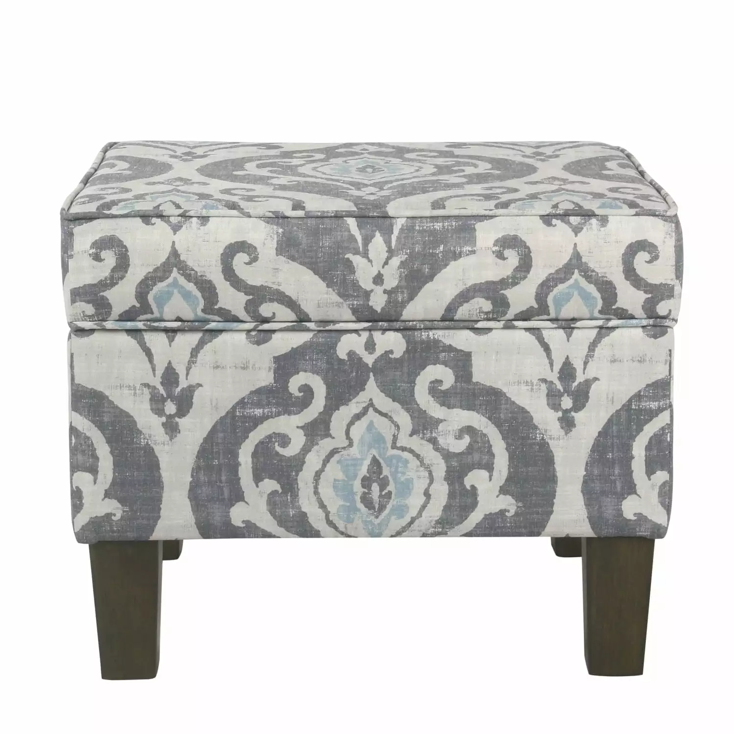 Benzara Wooden Ottoman Patterned Fabric Upholstery and Hidden Storage Gray and Blue Ottomans Convenience Concepts