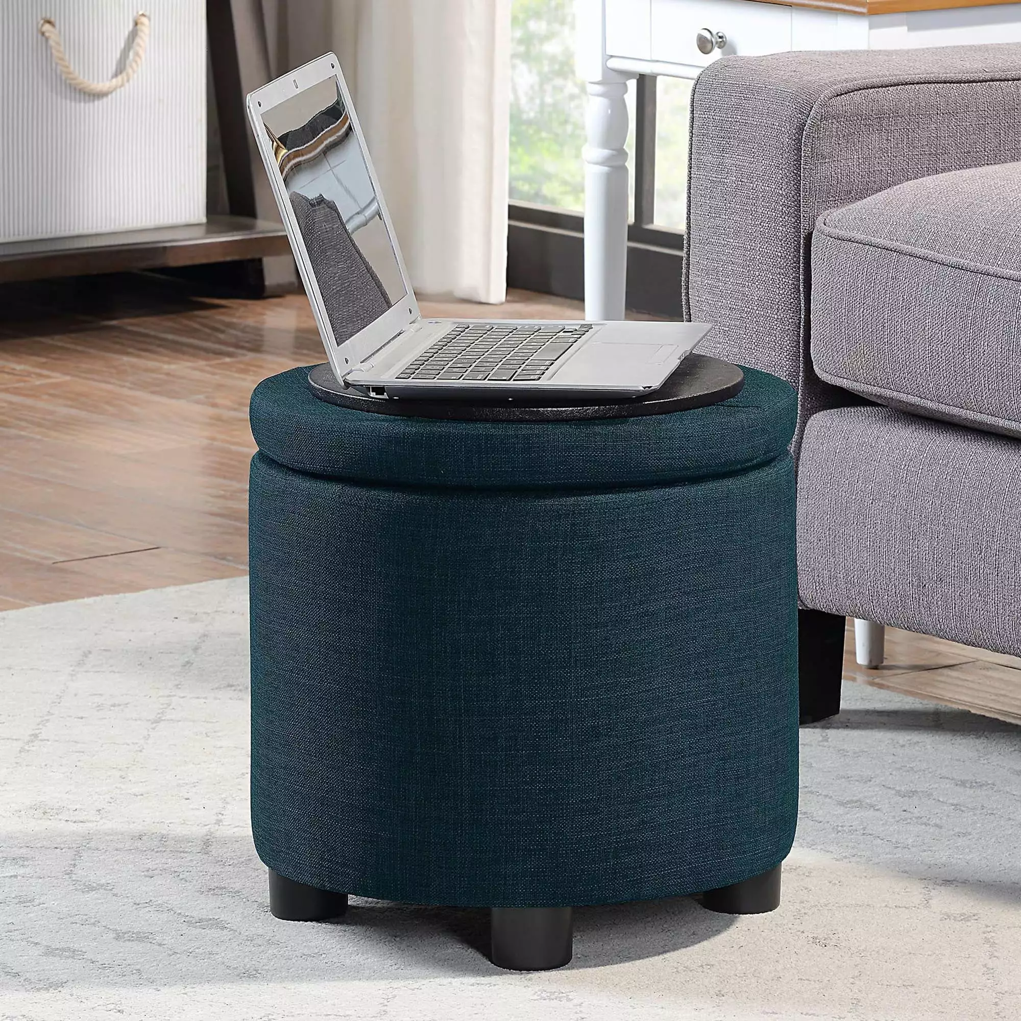 Designs4Comfort Round Accent Storage Ottoman Reversible Tray Lid Dark Blue Ottomans Convenience Concepts
