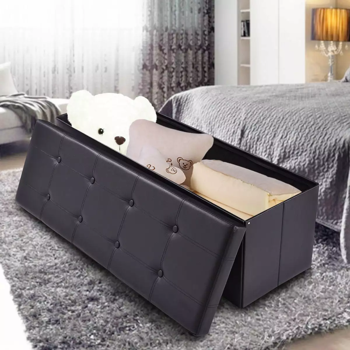 Costway 45x15x15 Large Folding Storage Faux Leather Ottoman Pouffe Box Stool Black Ottomans