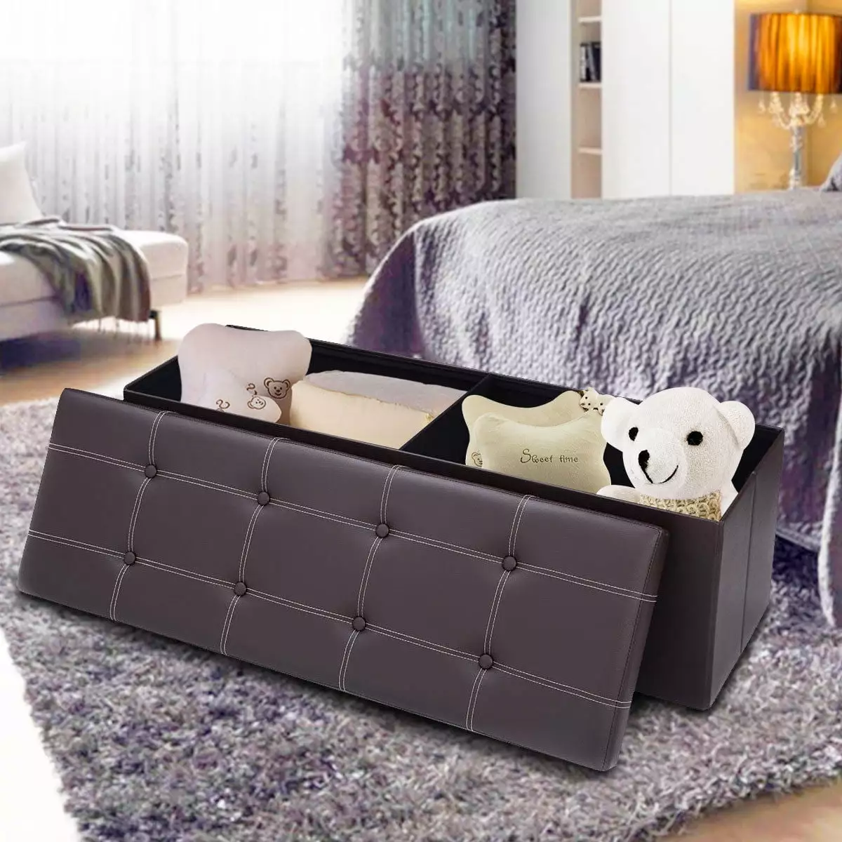Costway 45 Inch Large Folding Storage Ottoman Pouffe Box Stool Brown Faux Leather Ottomans