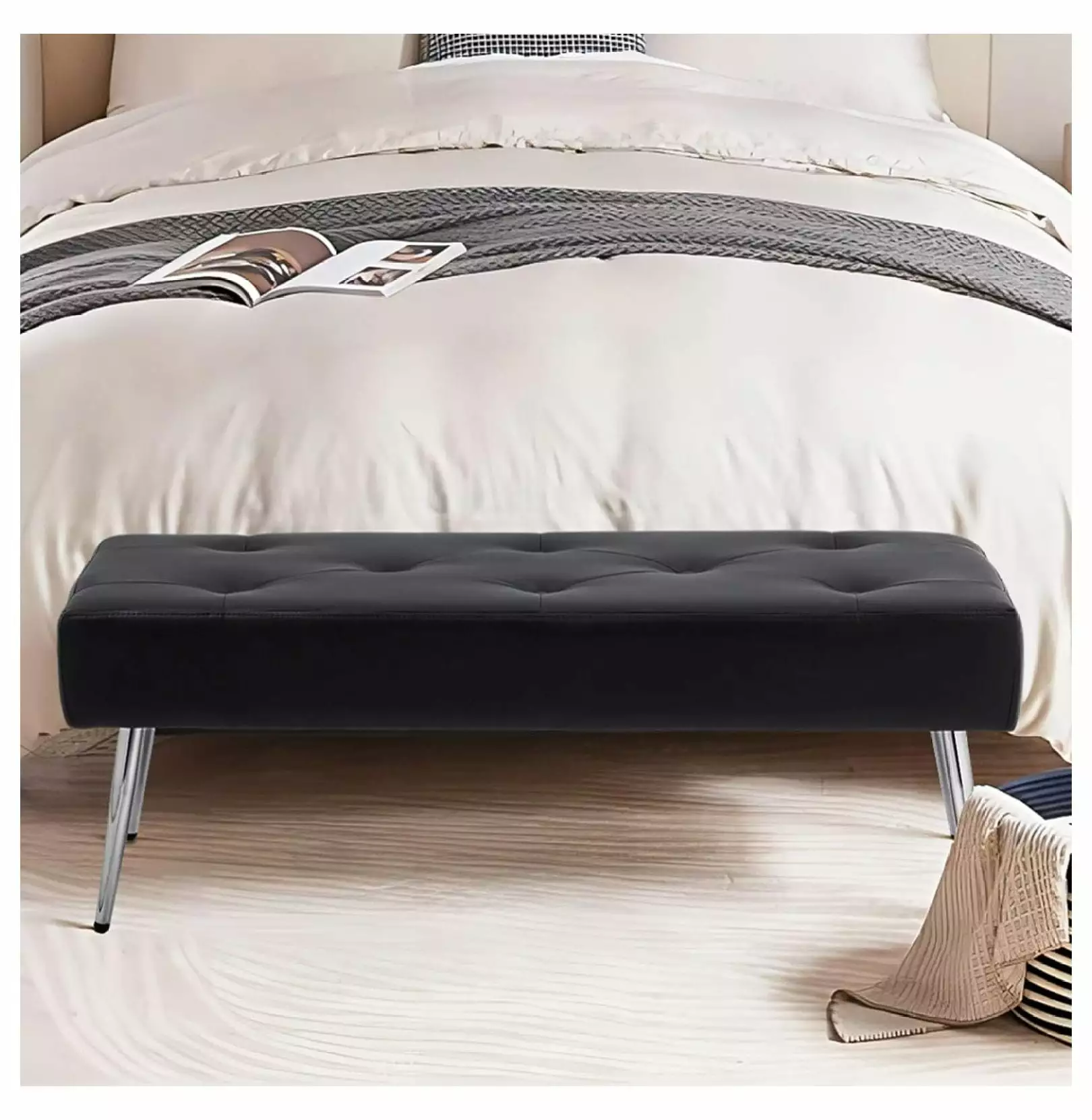 Drevy Faux Leather Bench Ottoman Tufted Button Bedroom Bench Metal Legs Black Benches