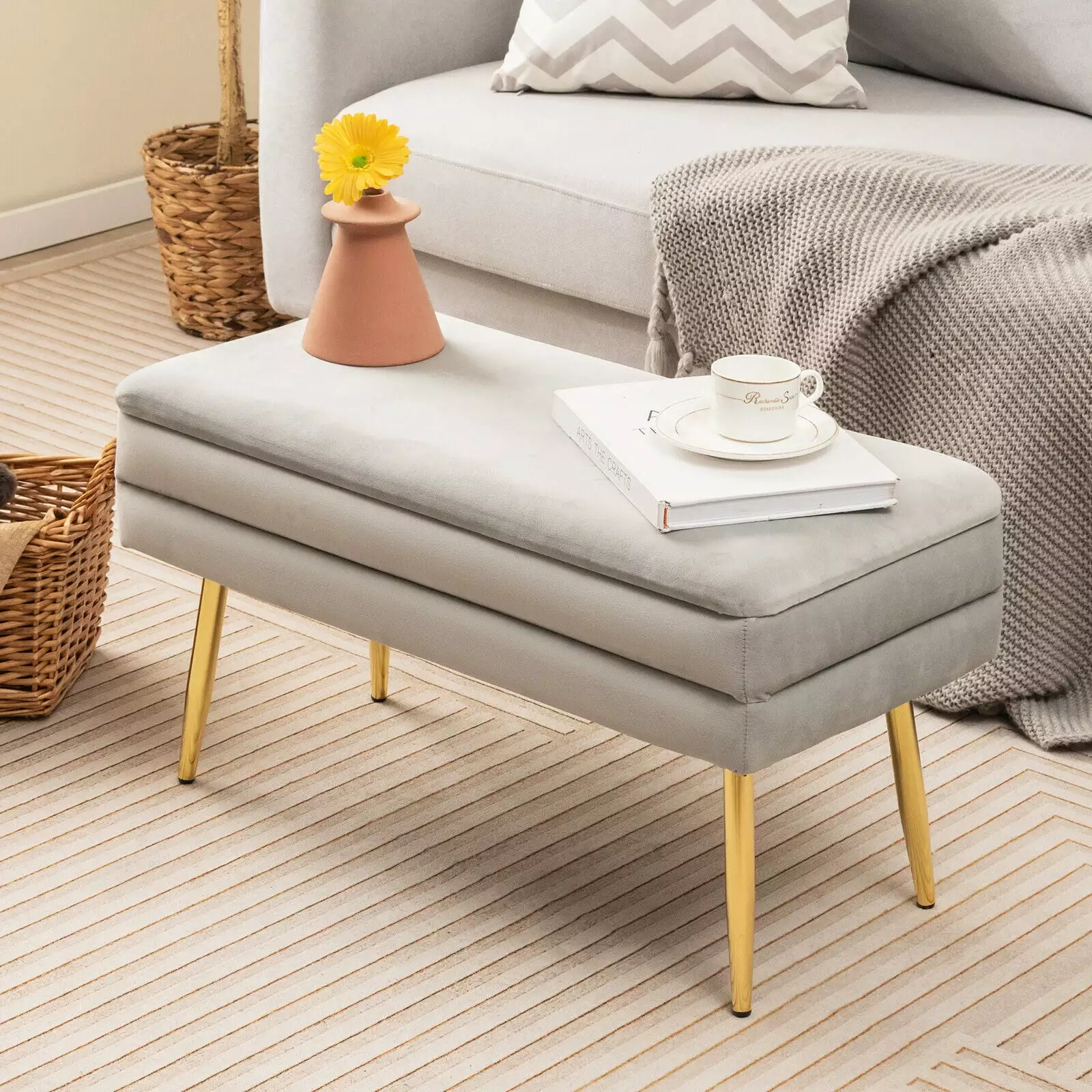 Exdeerjoy 31 Inch Storage Ottoman Bench Removable Lid Gold Metal Legs Velvet Footrest Hallway Ottomans