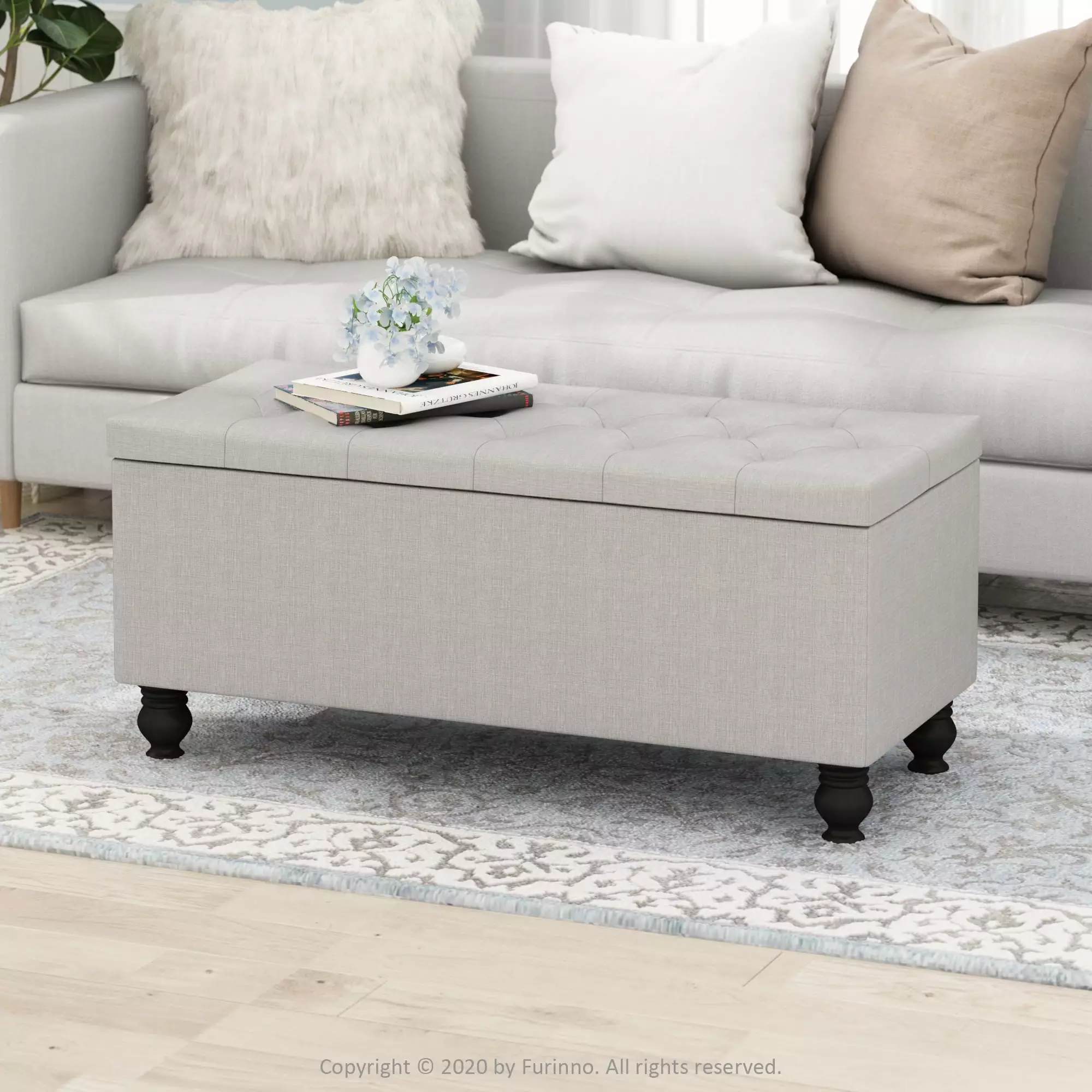 Furinno Laval Button Tufted Storage Ottoman Bench Entryway and Bedroom Glacier Ottomans