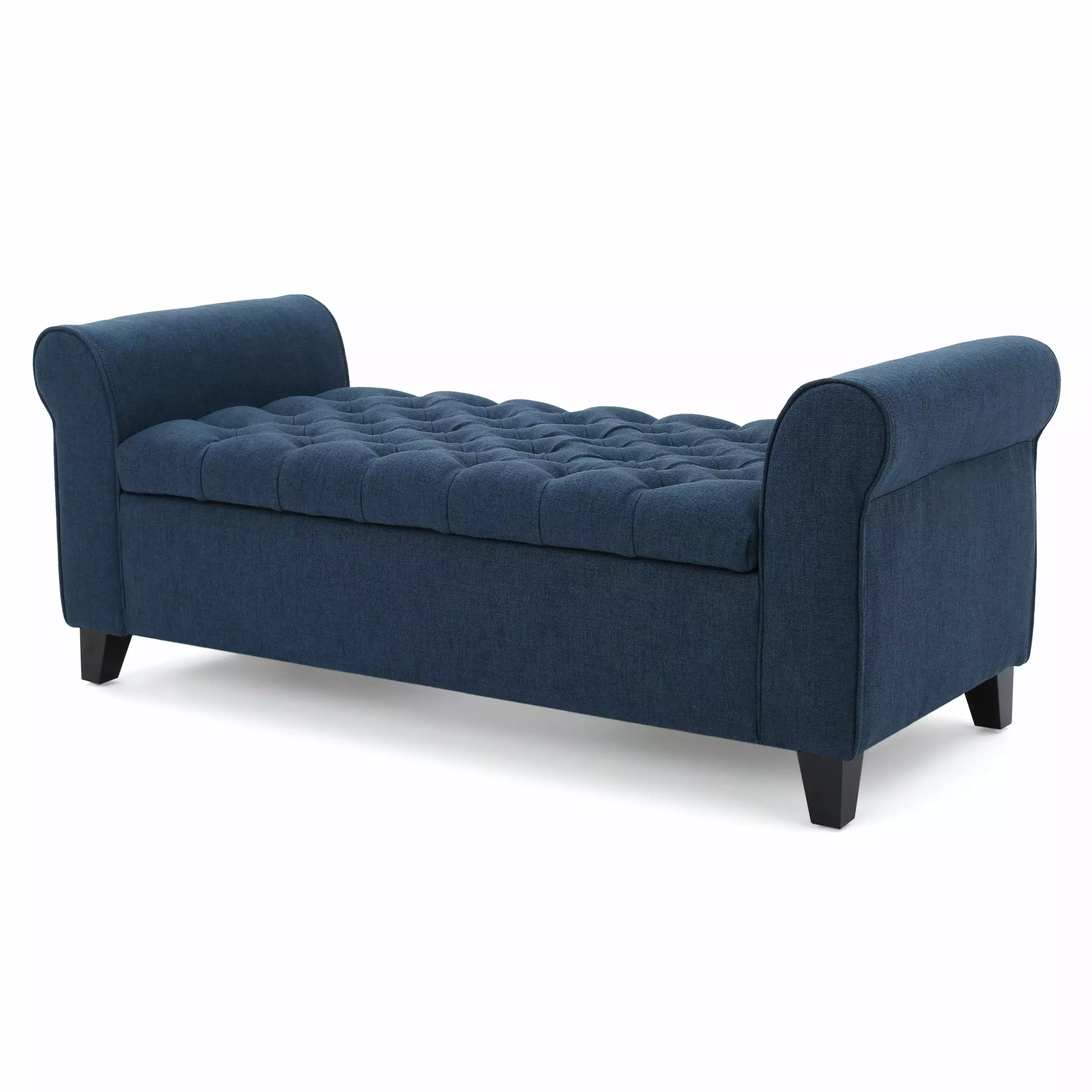 Charlemagne Contemporary Rolled Arm Fabric Storage Ottoman Bench Dark Blue and Brown Ottomans GDFSTUDIO