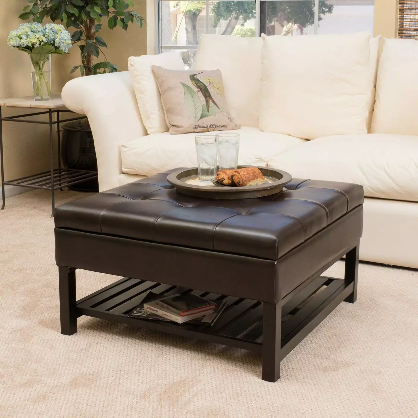 GDF Studio Kilbourne Contemporary Bonded Leather Tufted Storage Ottoman Shelf Brown and Dark Brown Ottomans GDFSTUDIO