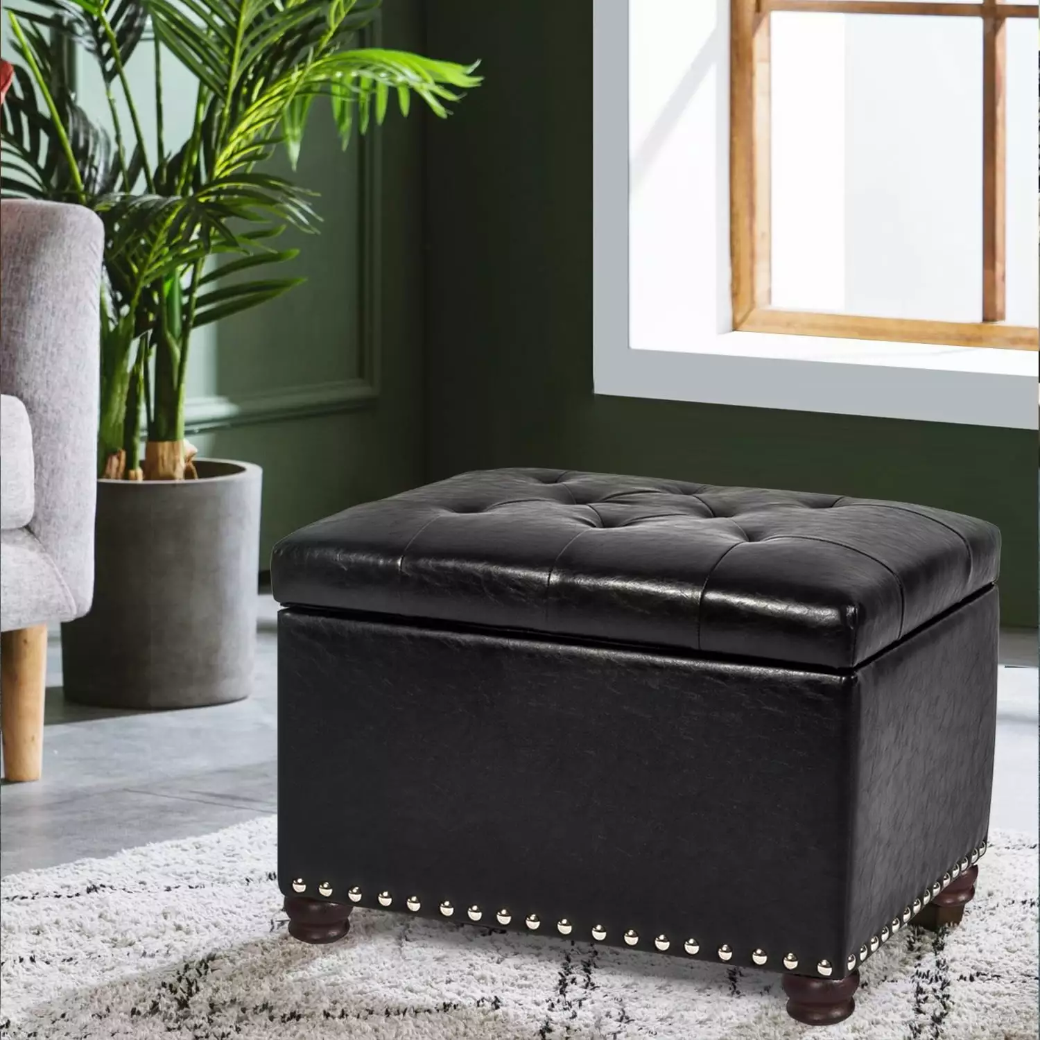 Homebeez Modern Tufted Bedroom Storage Ottoman Bench - PU Lift Top Upholstered Foam Padded Footstool Ottomans