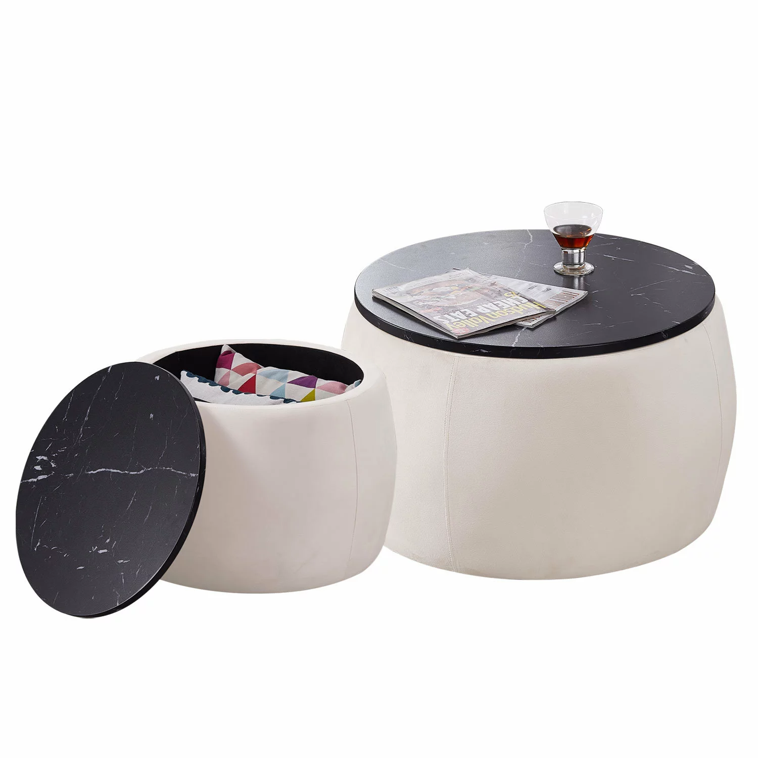 LANTRO JS Set 2 Nesting Round Storage Ottomans MDF Cover Living Room Ottomans