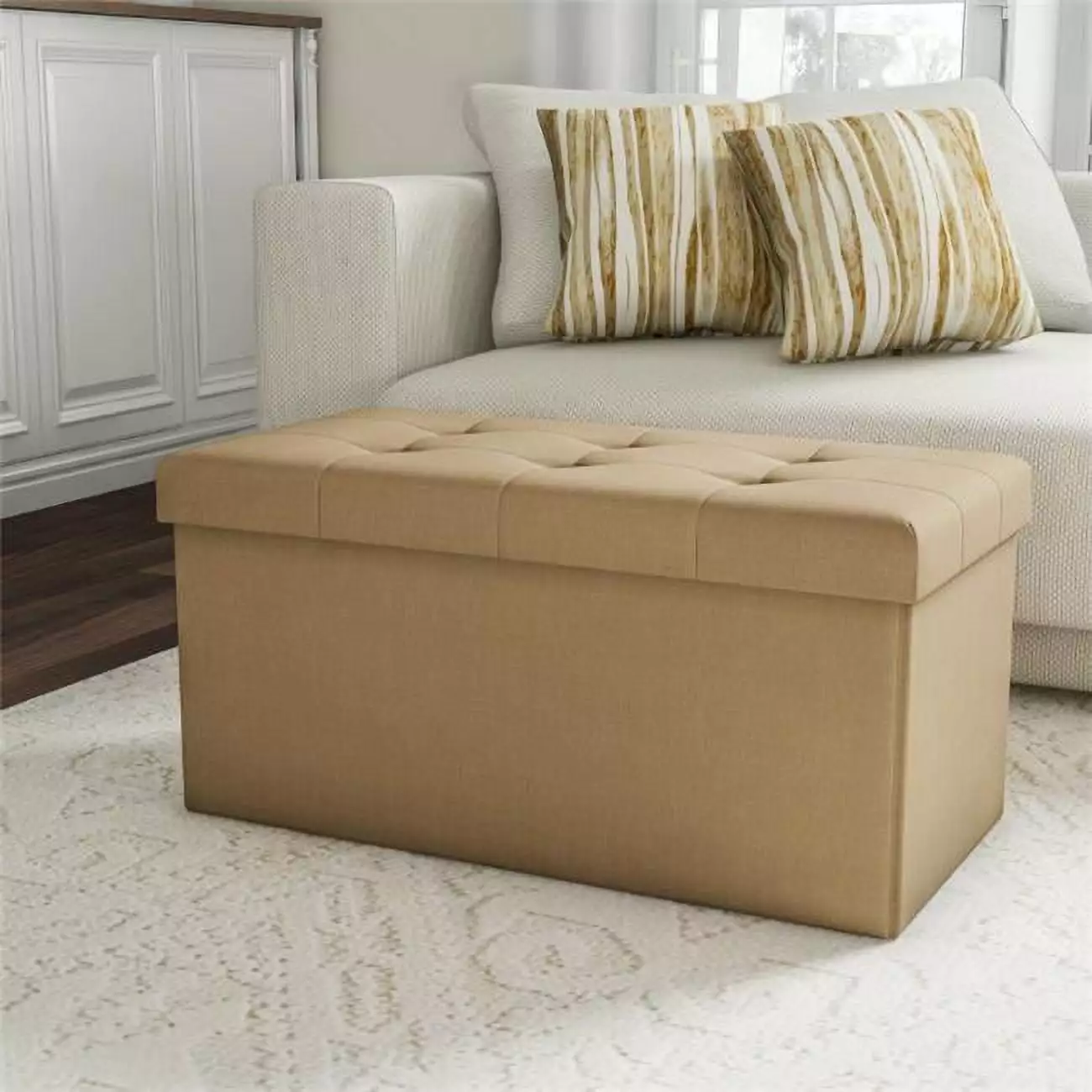 Lavish Home 80-FOTT-14 30 Folding Storage Bench Ottoman Tufted Foam Padded Lid Removable Bin Beige Ottomans Lavish Homes