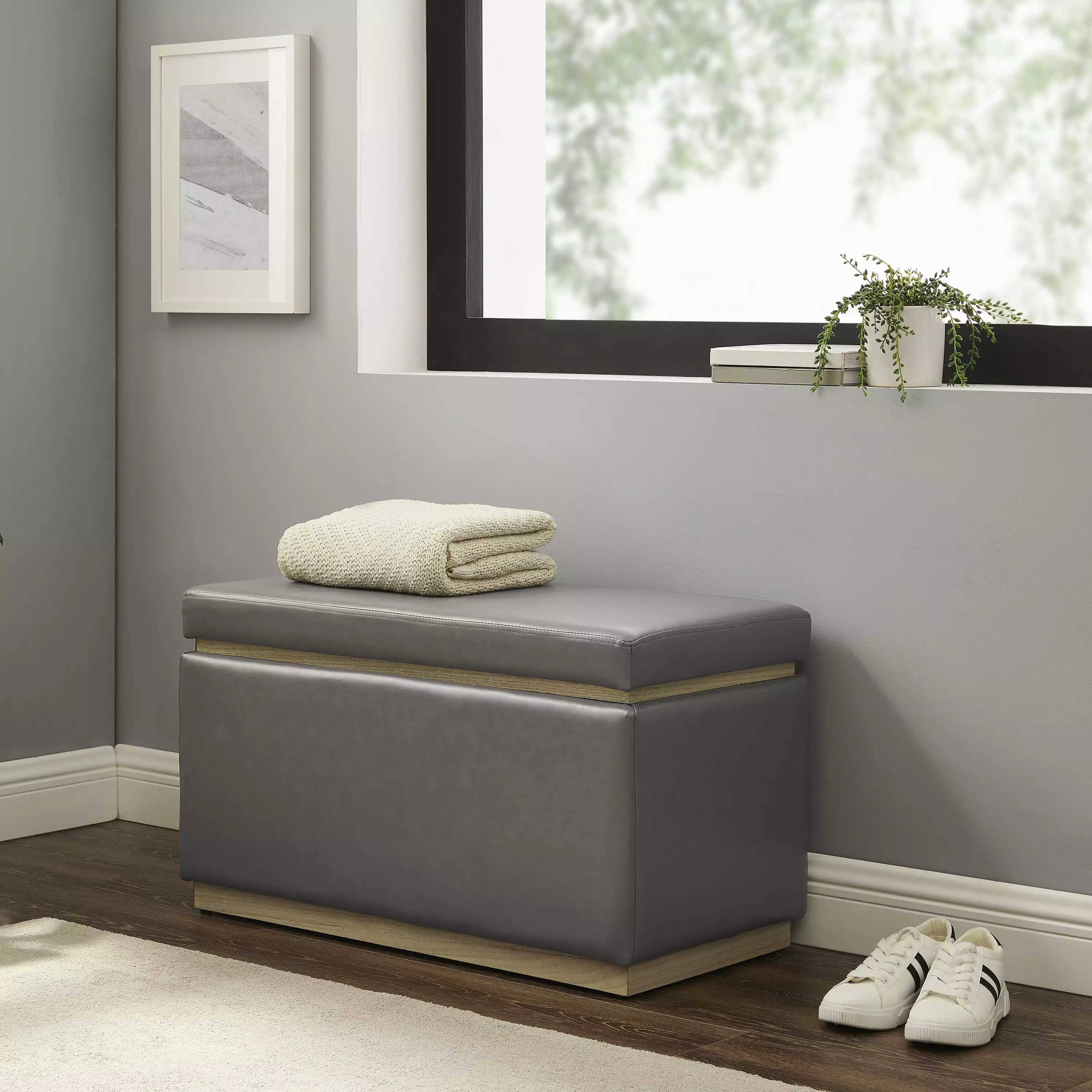 Linon Elta Rectangle Gray Faux Leather Storage Ottoman Lift Top Ottomans