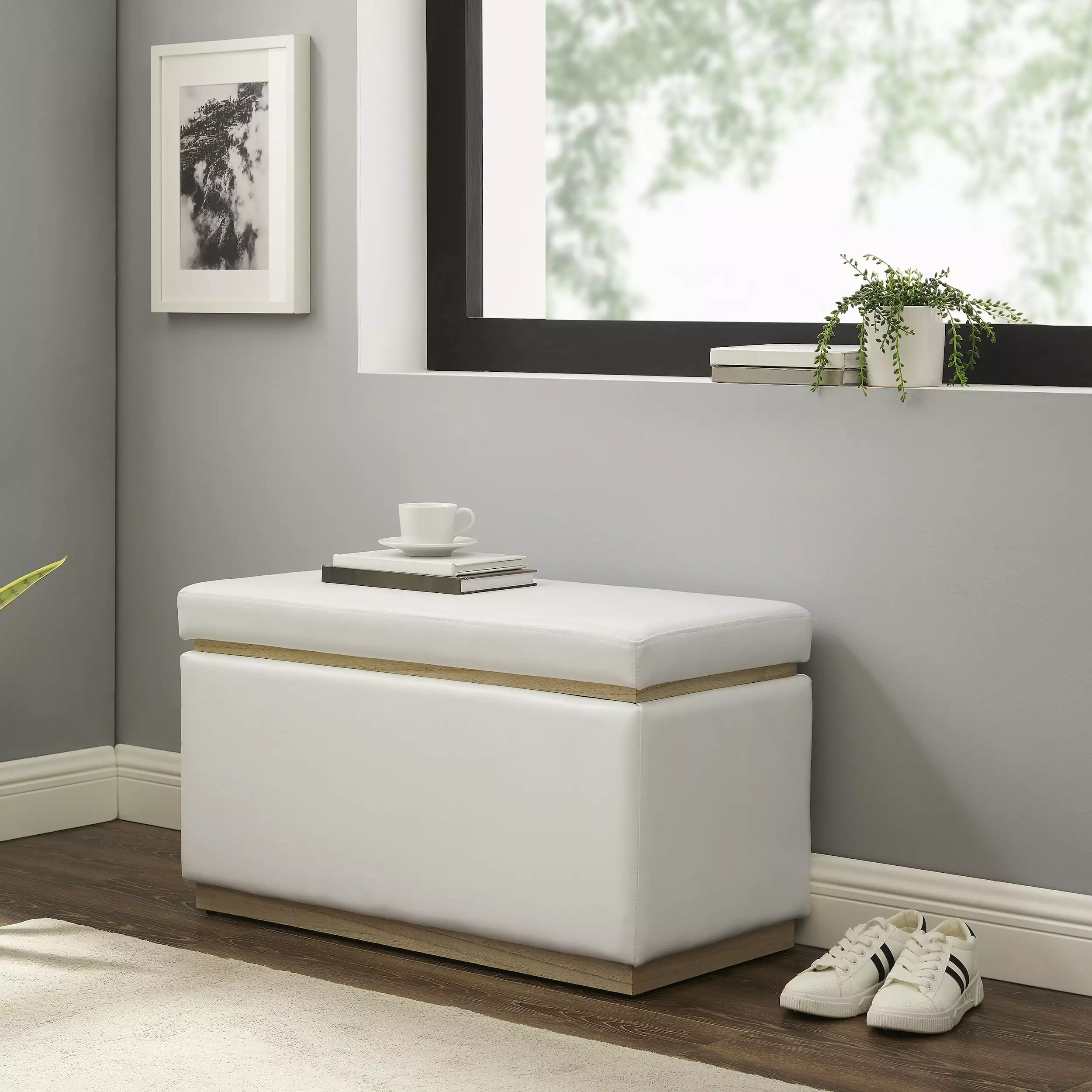 Linon Elta Rectangle Storage Ottoman White Faux Leather Ottomans