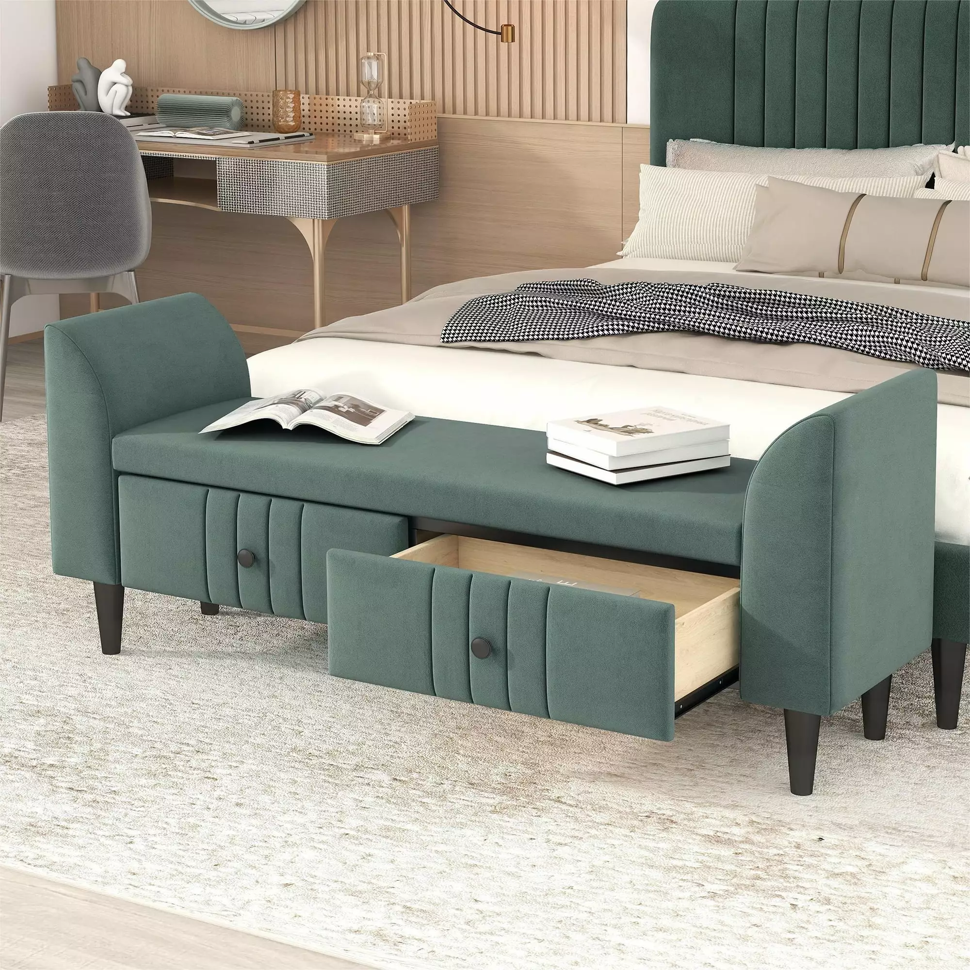 Green Upholstered Wooden Storage Ottoman Bench 2 Drawers Bedroom Fully Assembled Benches Miekor