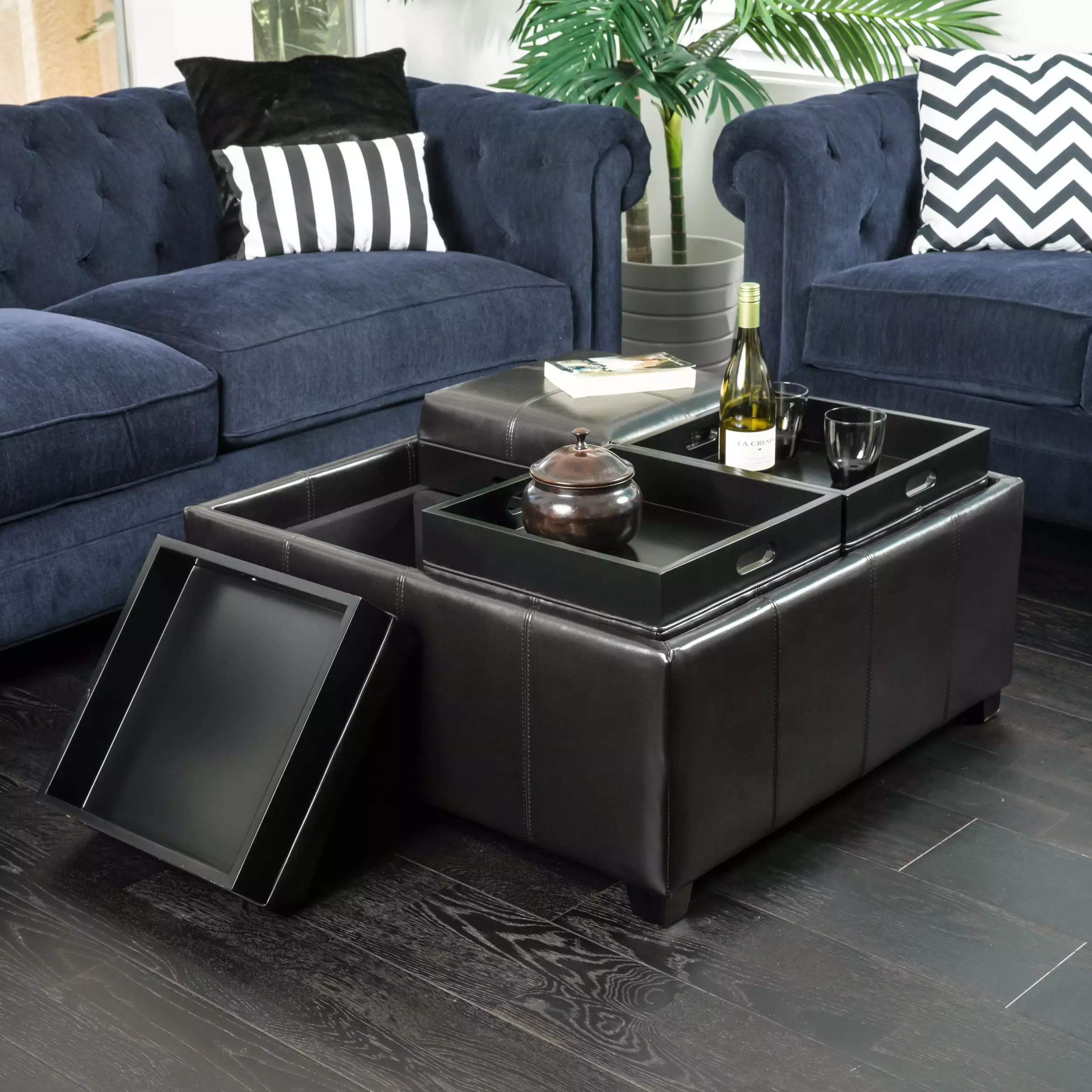Noble House Arden Brown Bonded Leather 4-Tray Storage Ottoman Living Room Ottomans