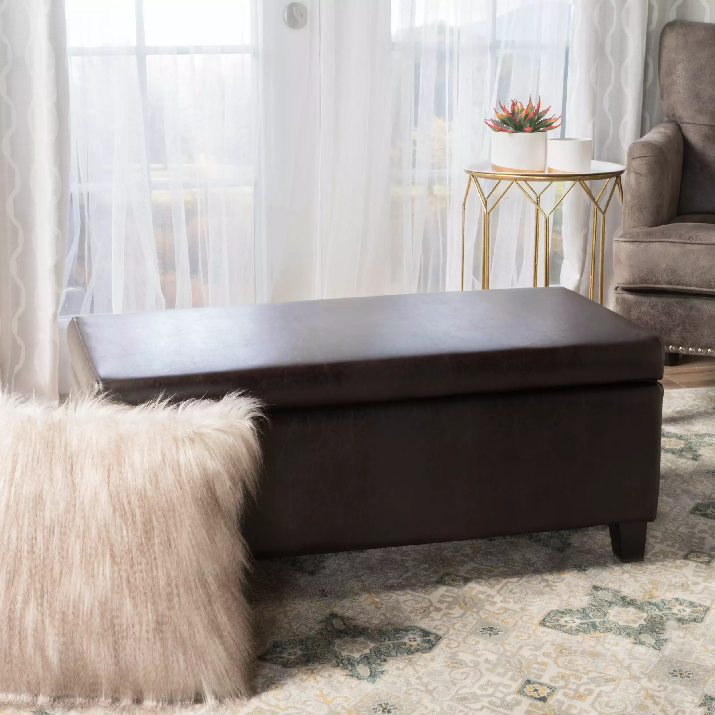 Noble House Caraway Contemporary Upholstered Storage Ottoman Brown Living Room Ottomans
