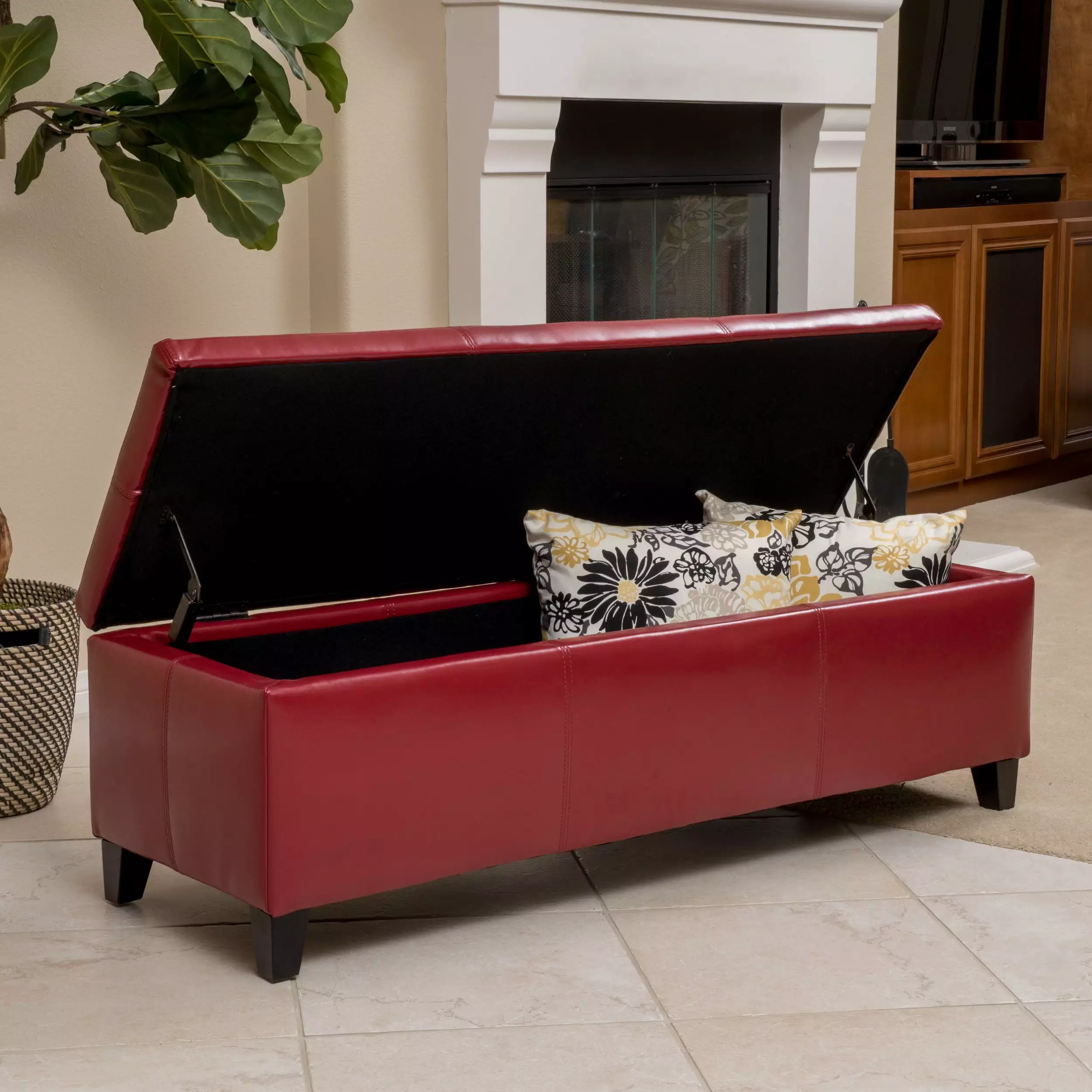 Noble House Gentry Red Faux Leather Storage Ottoman Bench Lift Top Ottomans