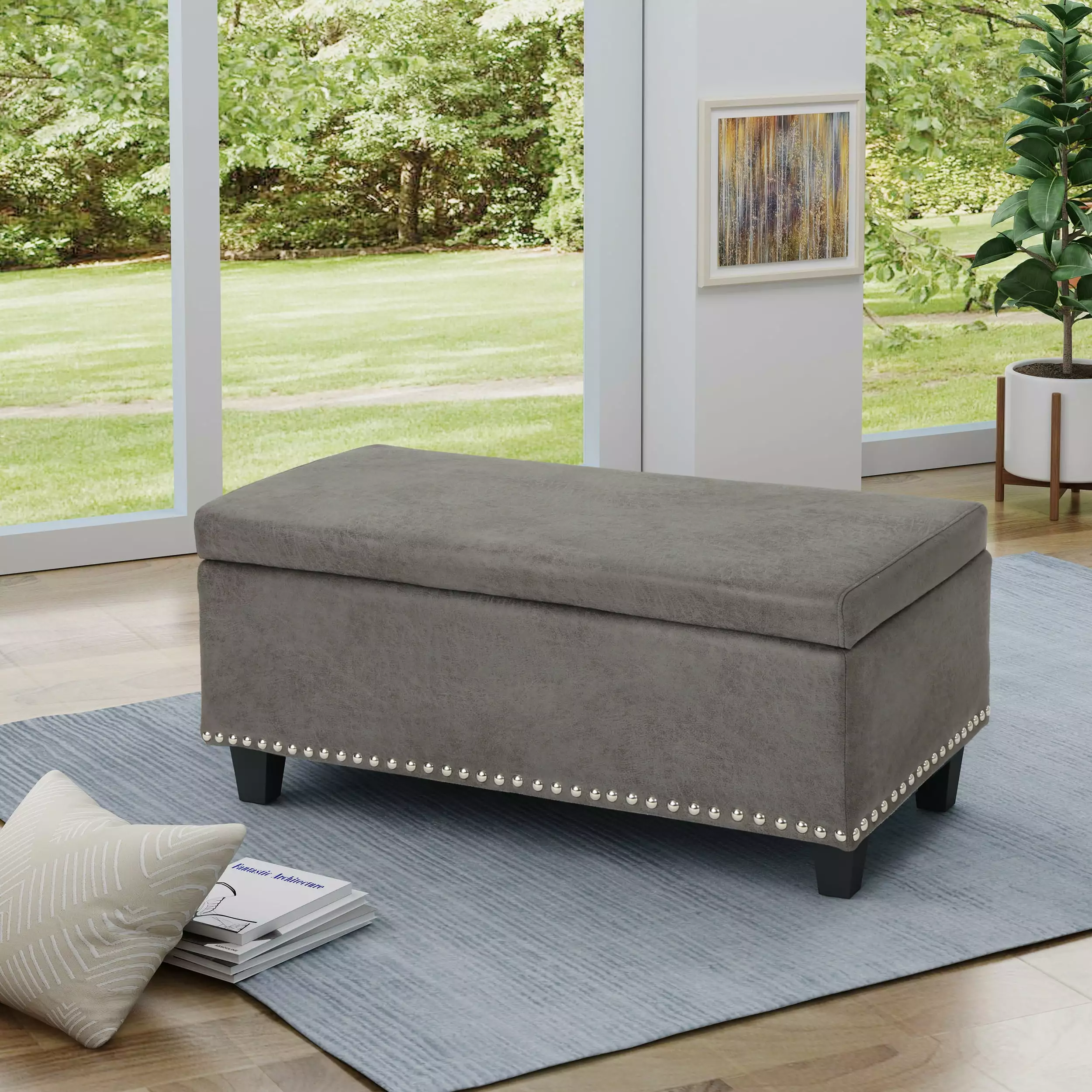 Noble House Rectangular Microfiber Lift Top Storage Ottoman Nailhead Trim Slate Ottomans