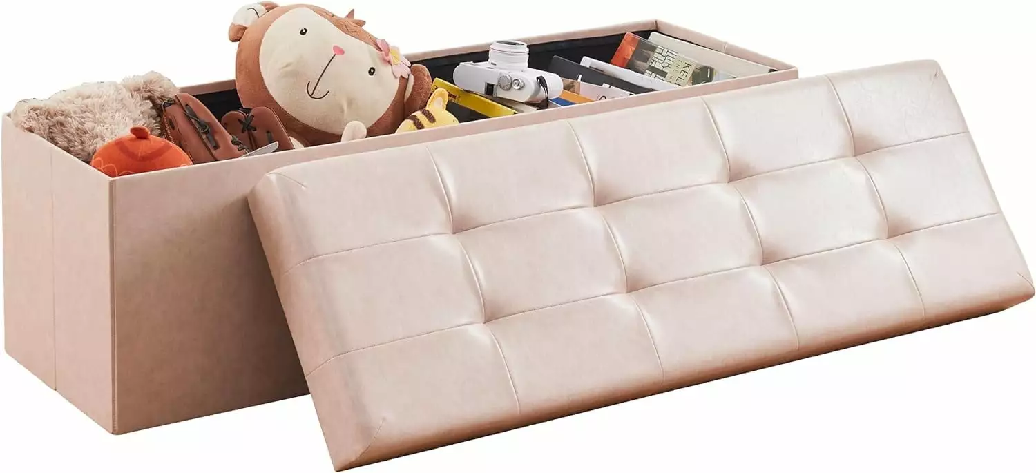 Ornavo Home 45 Inch Foldable Storage Ottoman Bench Tufted Faux Leather Cream Ottomans