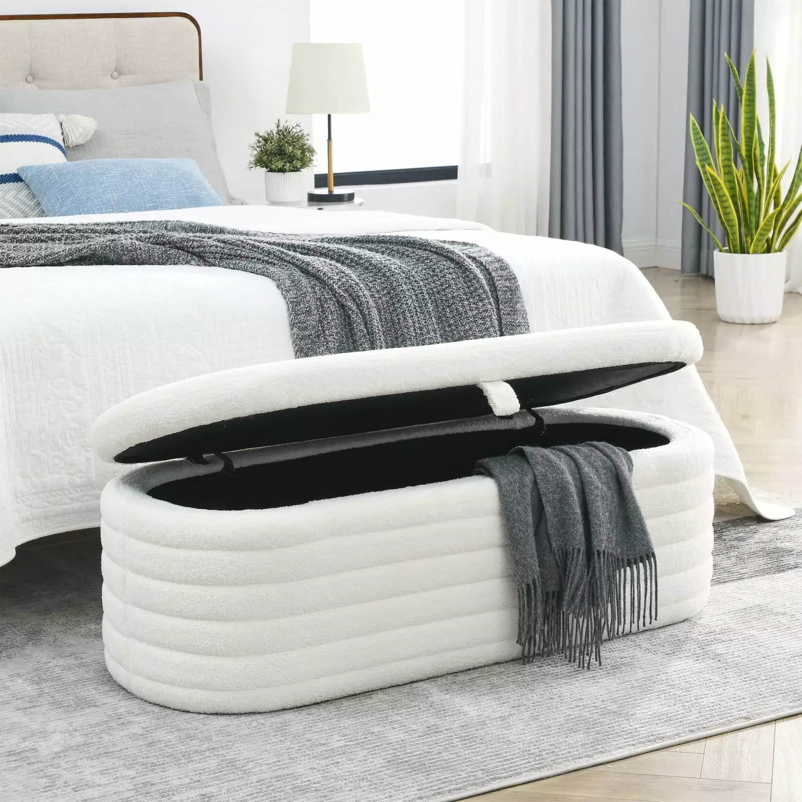 45.5 Inches White Teddy Upholstered Storage Ottoman Bench Safety Hinge Ottomans Ponnky