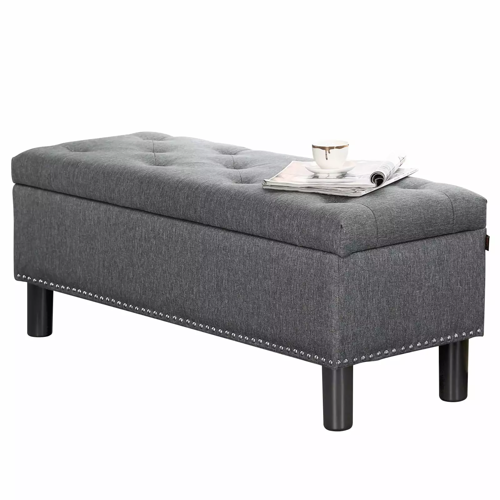 Rectangular Tufted Storage Stool - Linen Grey Upholstered Footrest Ottoman Flap Top Ottomans Unbrand