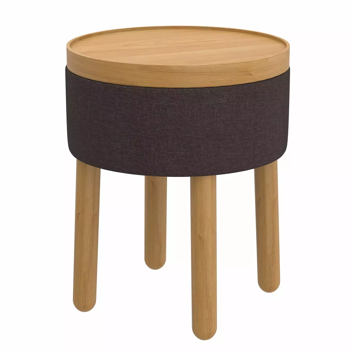 WHI Mid-Century Modern Fabric and Wood Round Storage Ottoman Tray Charcoal and Natural Ottomans