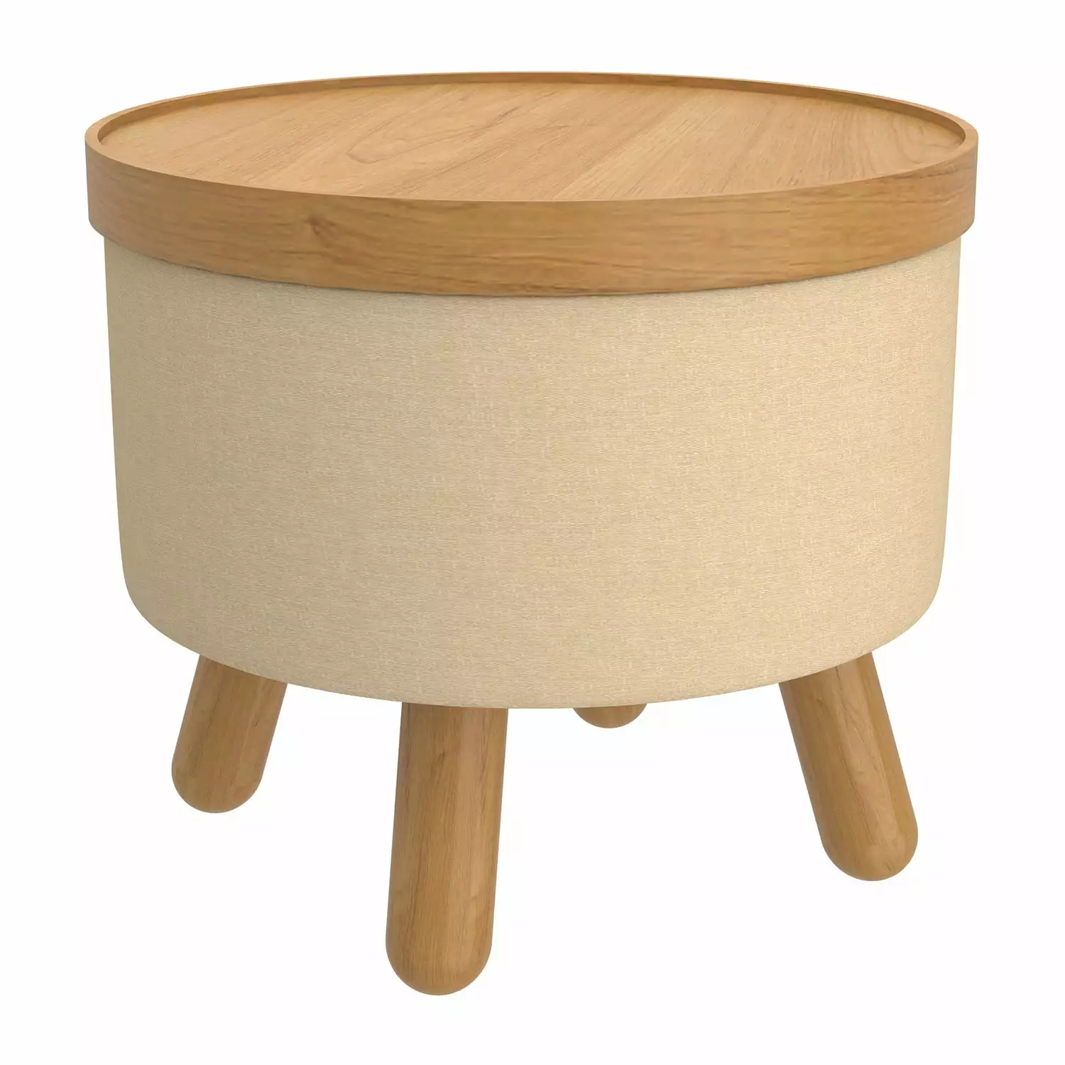 WHI Mid-Century Modern Round Storage Ottoman Tray - Beige and Natural Fabric Upholstered Footrest Stool Ottomans