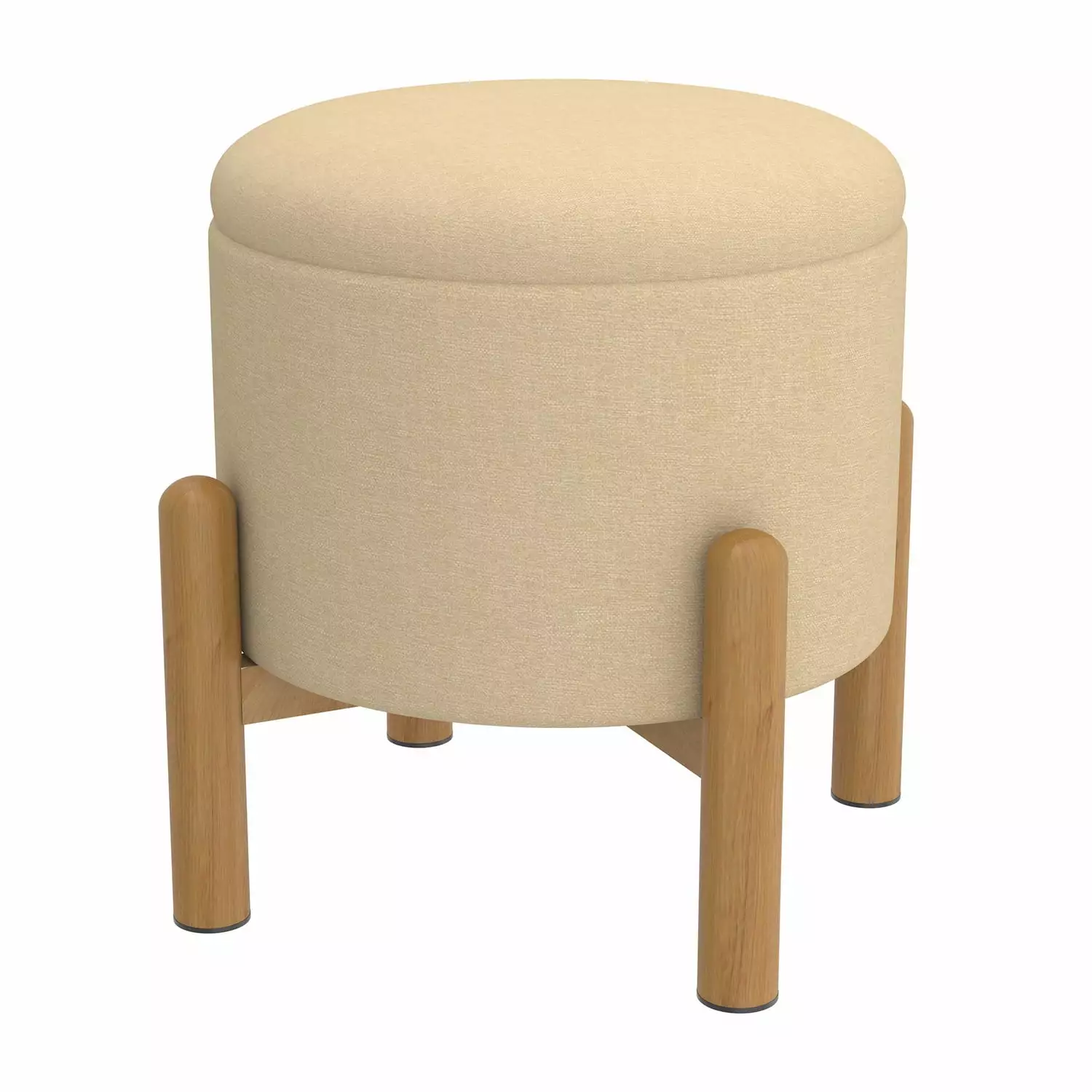 WHI Mid-Century Modern Round Storage Ottoman Beige and Natural Wood Ottomans