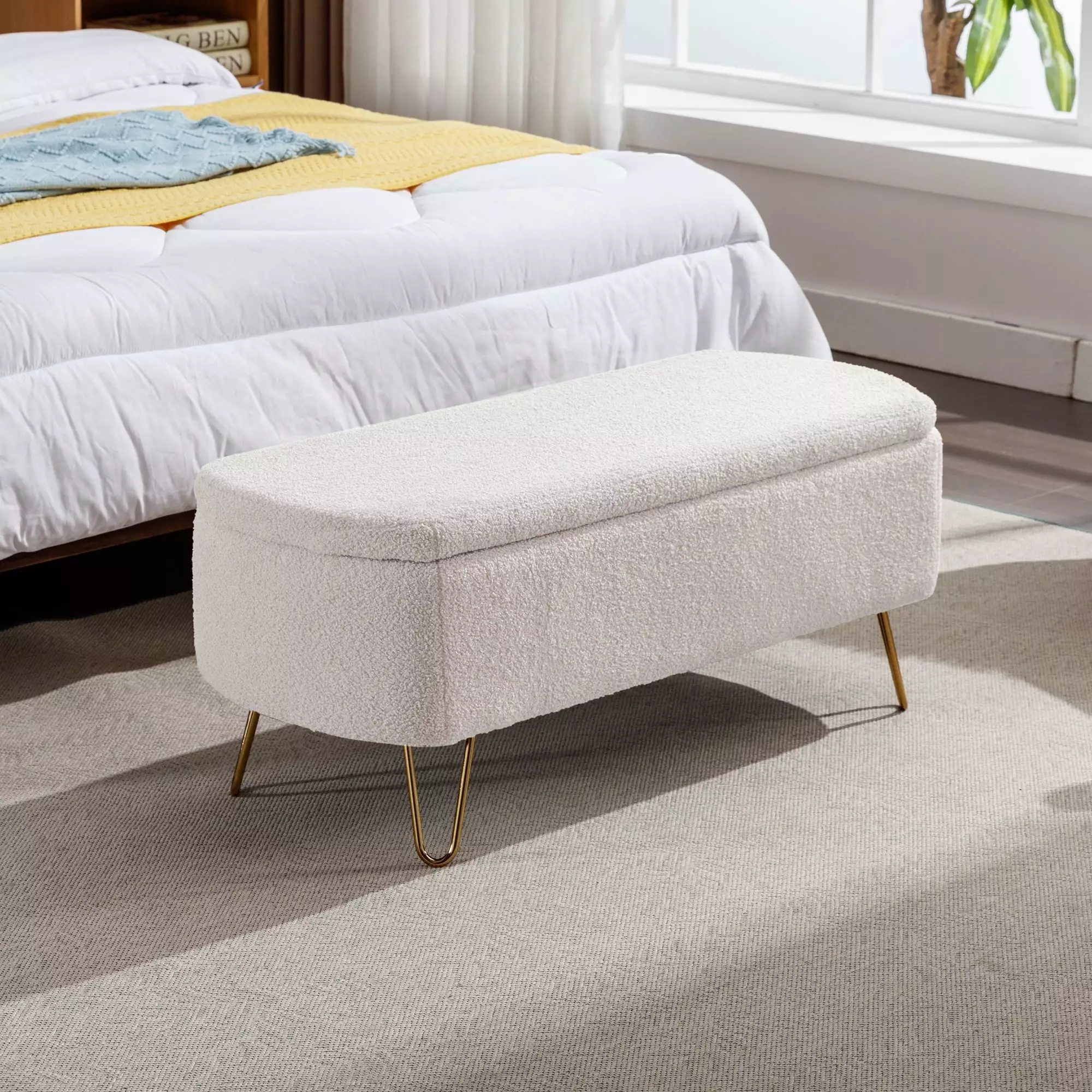 Yiyuanjin Storage Bench Ottoman Gold Legs Modern Faux Fur Upholstered Padded Entryway Benches