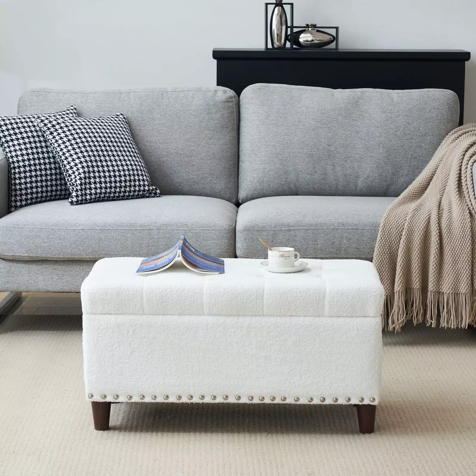 Zimtown 31.5 Inch Ottoman Storage Organizer Tufted Off White Footstool Entryway Coffee Sofa Side Table Ottomans