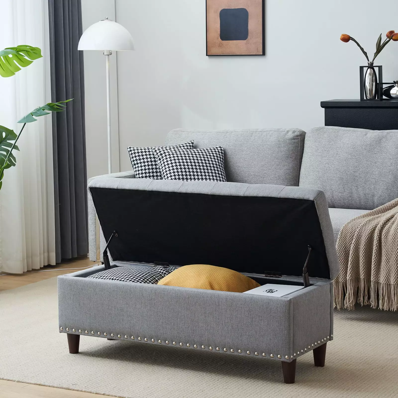 Zimtown 31.5 Inch Ottoman Storage Organizer - Flip-Up Lid Footrest Bench Light Gray PU Leather Ottomans