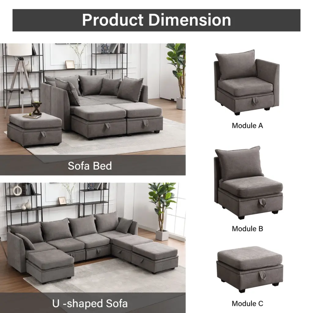 Miekor Furniture Grey 5-Seat Modular Sectional Sofa Storage Convertible Sleeper