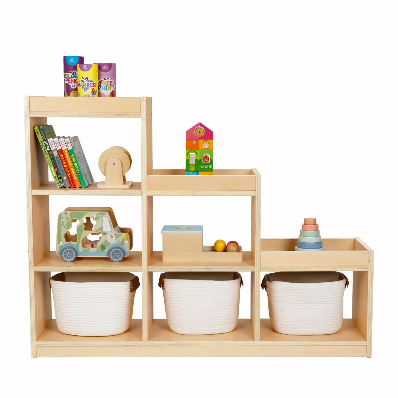 9 Cube Shelves Storage Cabinet L Shaped Freestanding Ladder Corner Bookshelf Kids Natural OOOK