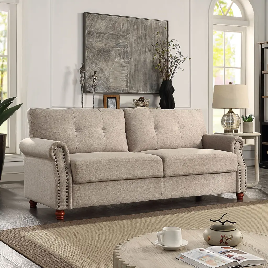 Beige Linen Fabric Storage Sofa Tufted Cushions and Solid Wood Frame - Tool-Free Assembly Ponnky