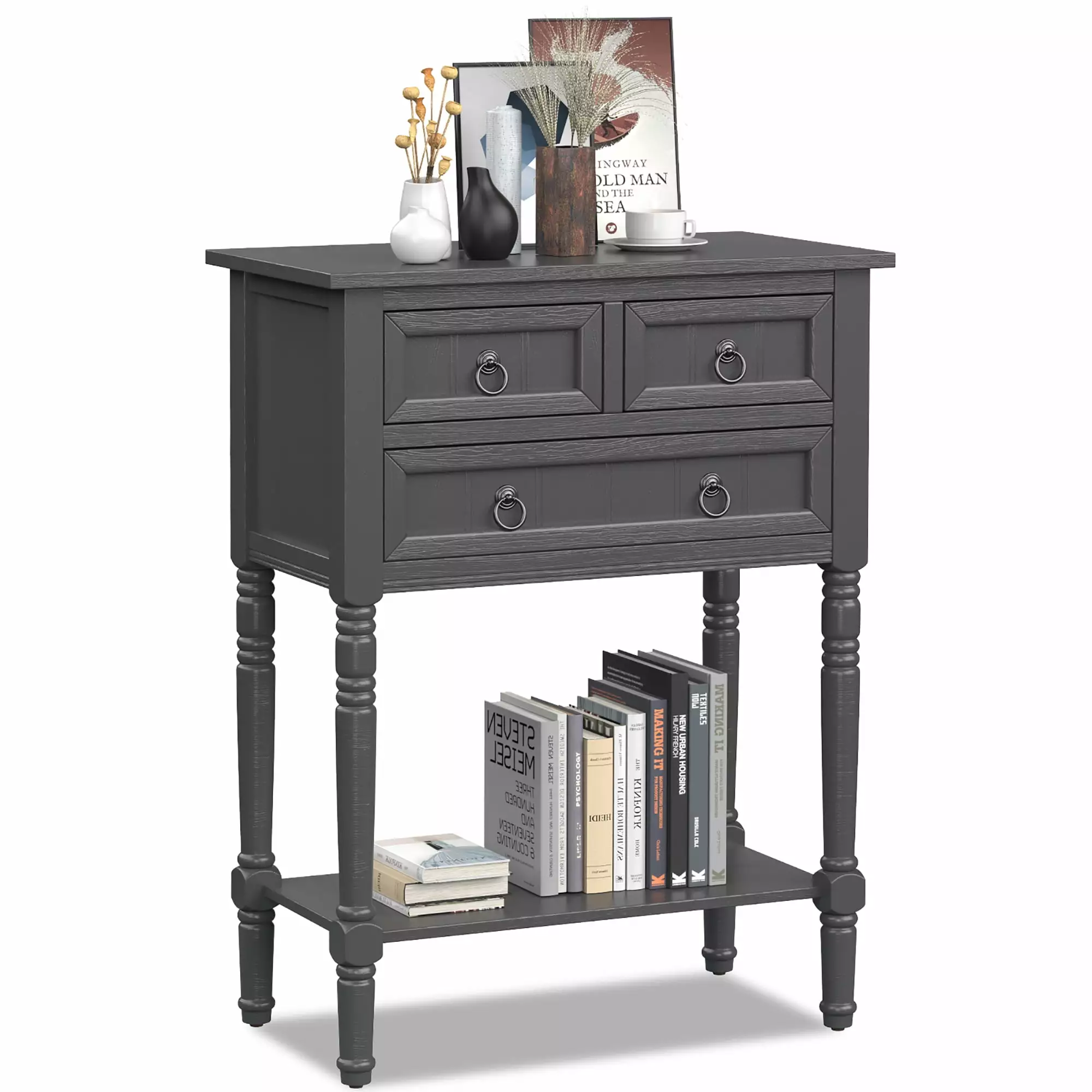 Costway Dark Grey Console Table 3 Drawers Open Shelf Living Room Console